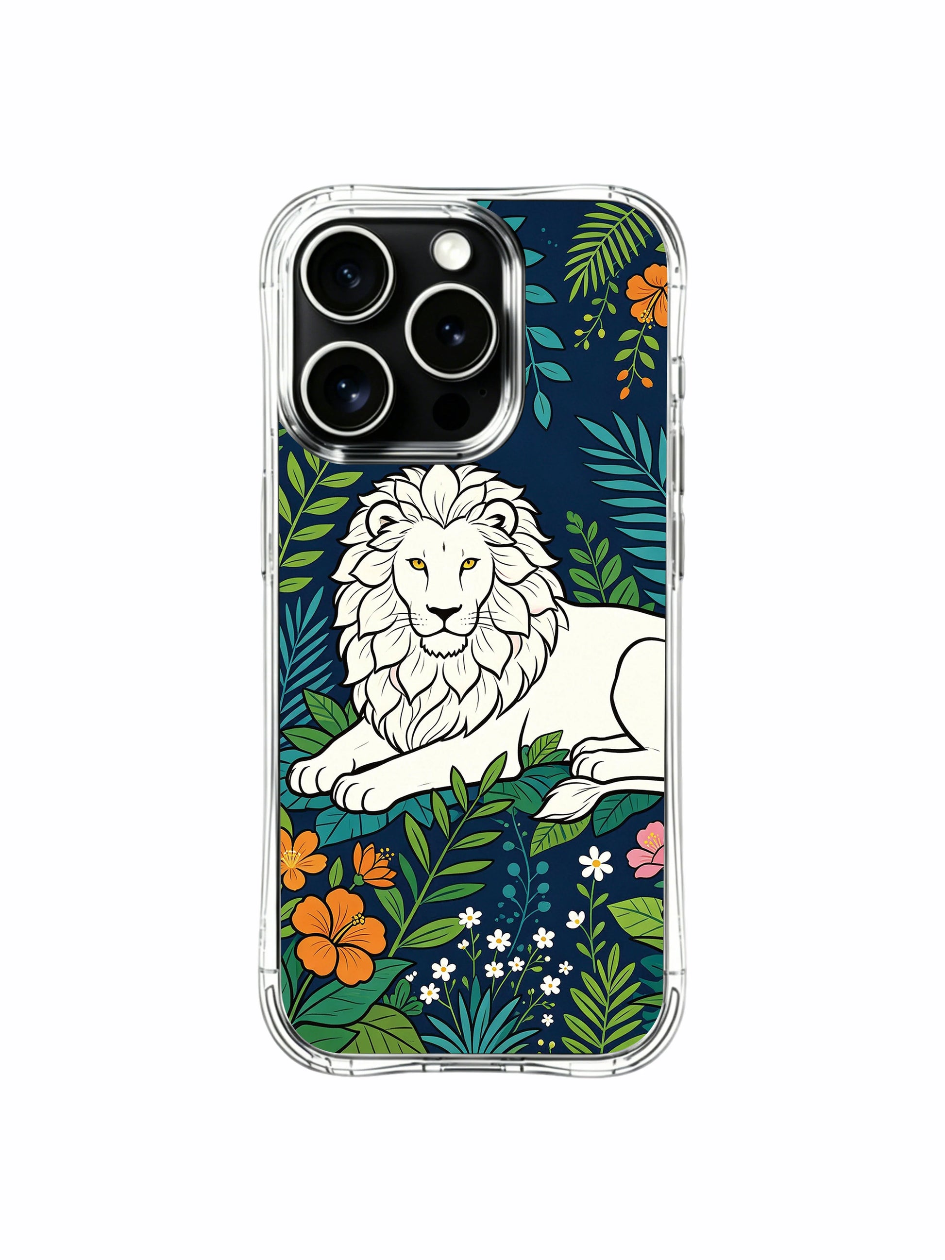 MagSafe snap-on compatible deep navy garden resting white lion artwork iPhone 13 pro Case from PhoneCasing, zero-bulk slim protective iPhone 13 pro casing with full wrap tropical botanical print, practical daily-use artistic phone cover.