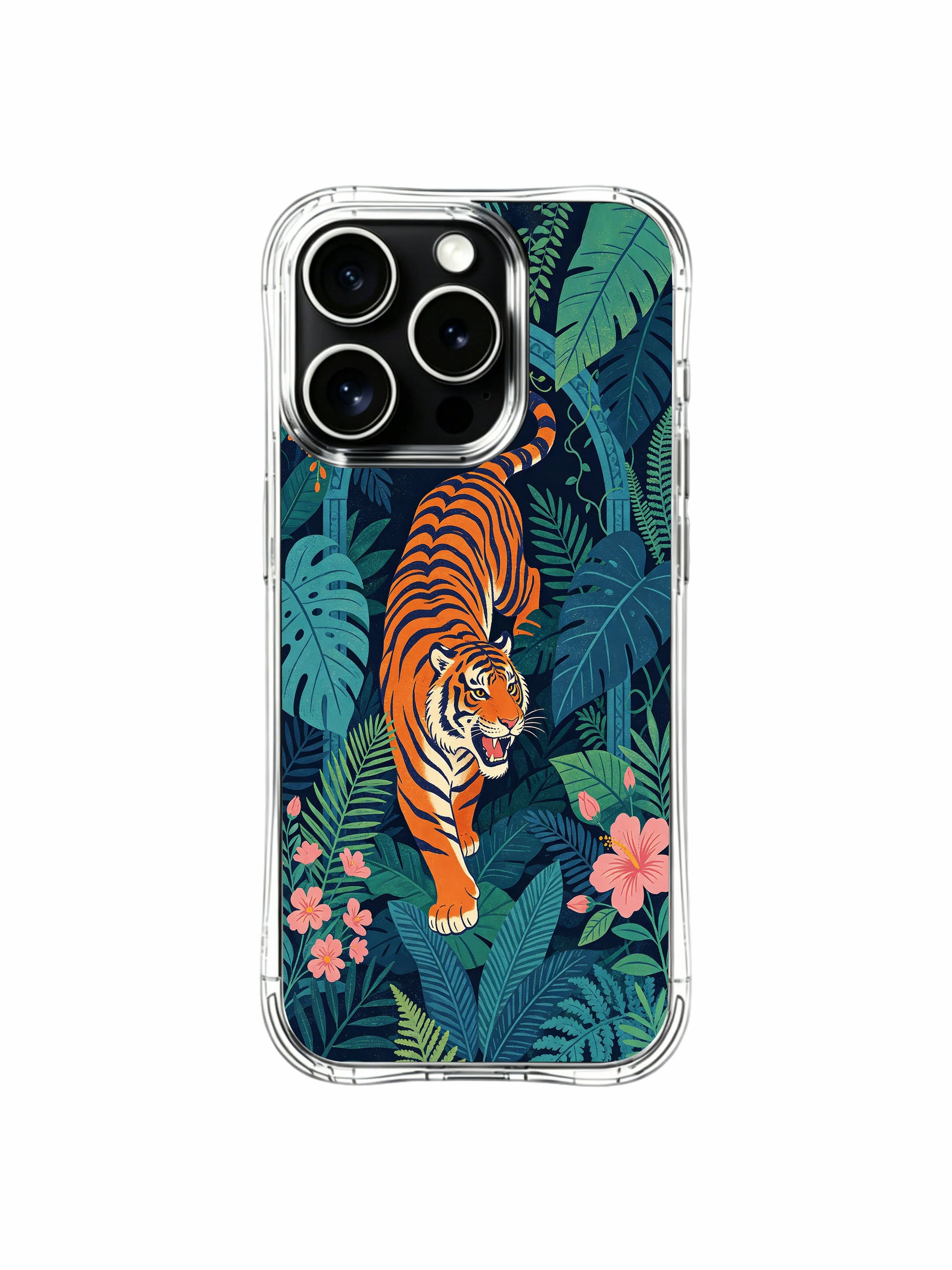 MagSafe snap-on compatible deep navy secret palace prowling tiger tropical leaf artwork iPhone 13 pro Case from PhoneCasing, zero-bulk slim protective iPhone 13 pro casing with full wrap rainforest botanical print, practical daily-use artistic phone cover.