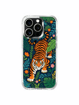 MagSafe snap-on compatible deep navy midnight jungle free-spirit guardian tiger tropical floral artwork iPhone 13 pro Case from PhoneCasing, zero-bulk slim protective iPhone 13 pro casing with full wrap botanical garden print, practical daily-use artistic phone cover.