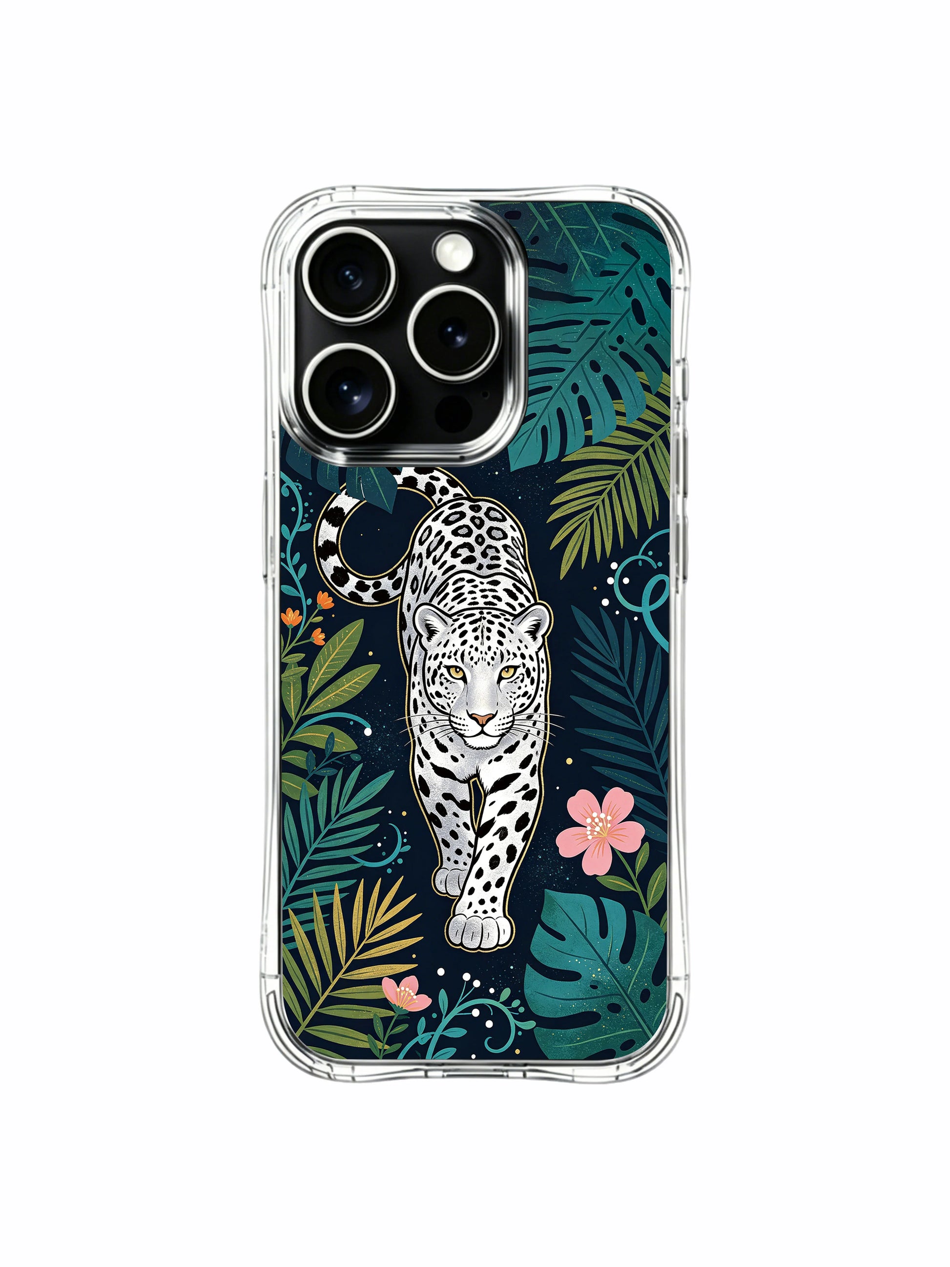 MagSafe snap-on compatible silver night leopard floral iPhone 13 pro Case from PhoneCasing, zero-bulk slim transparent iPhone 13 pro casing with lush full jungle print, functional artistic daily phone cover.
