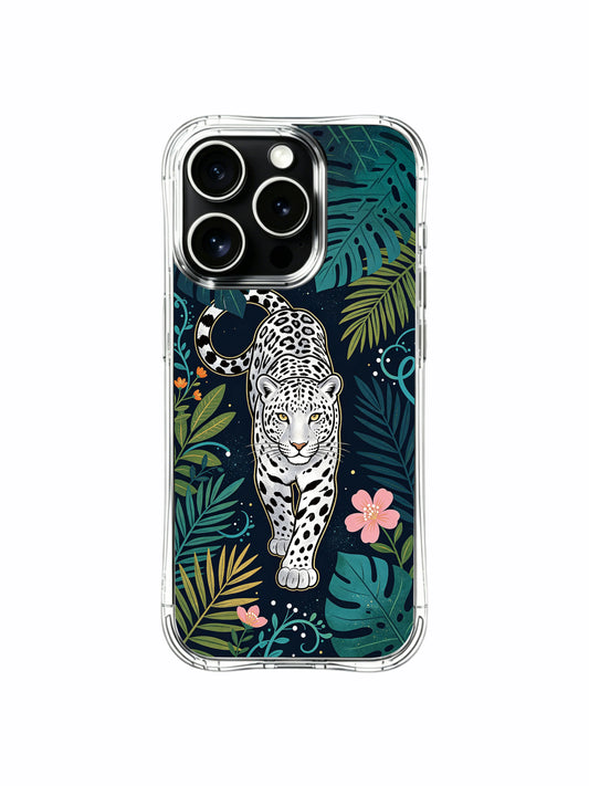 MagSafe snap-on compatible silver night leopard floral iPhone 13 pro Case from PhoneCasing, zero-bulk slim transparent iPhone 13 pro casing with lush full jungle print, functional artistic daily phone cover.
