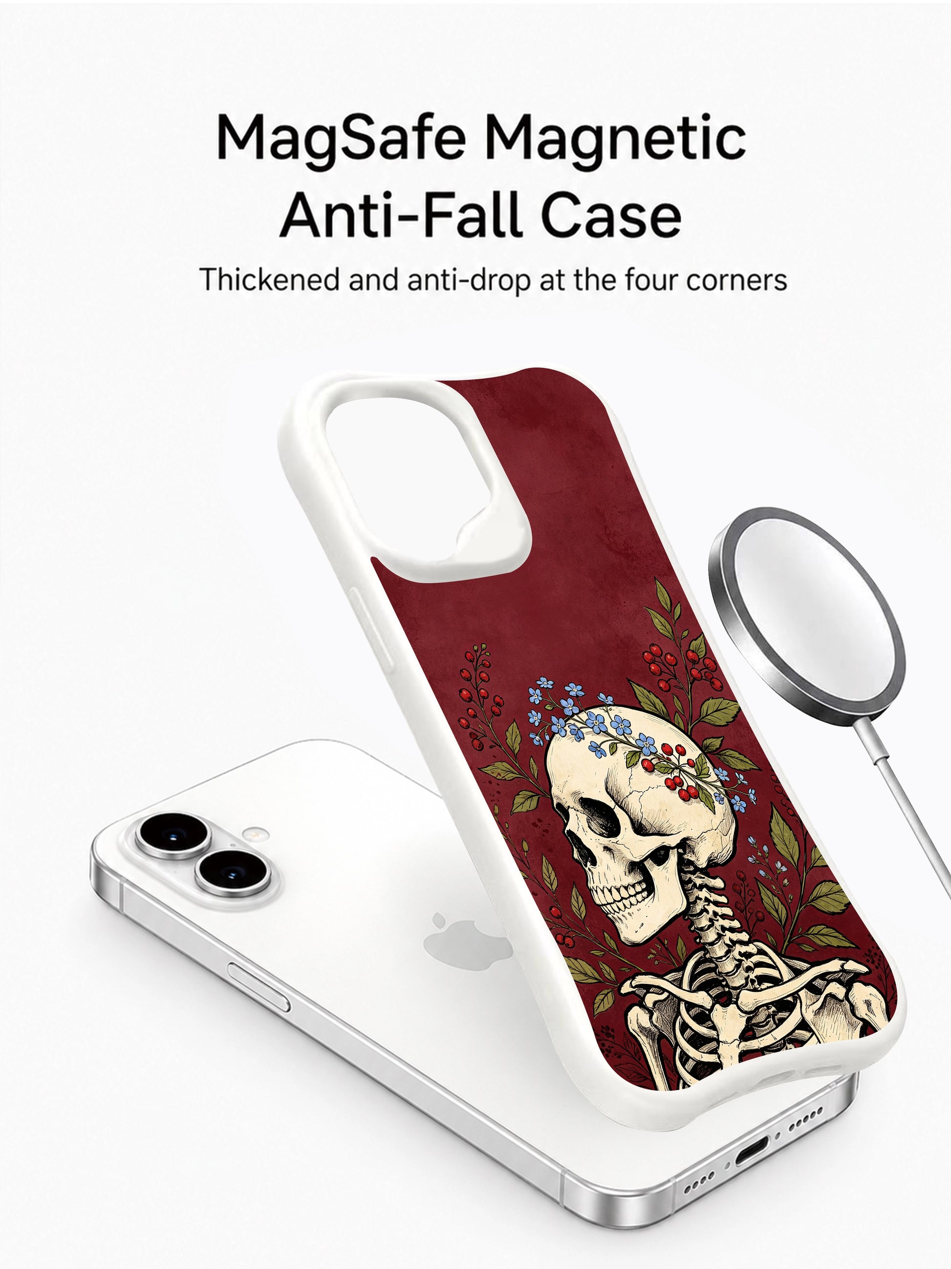 PhoneCasing Memory Wreath spiritual goth iPhone 16 Case, hand-drawn skull decorated with blue forget-me-not blooms, antimicrobial smooth finish durable iPhone 16 casing