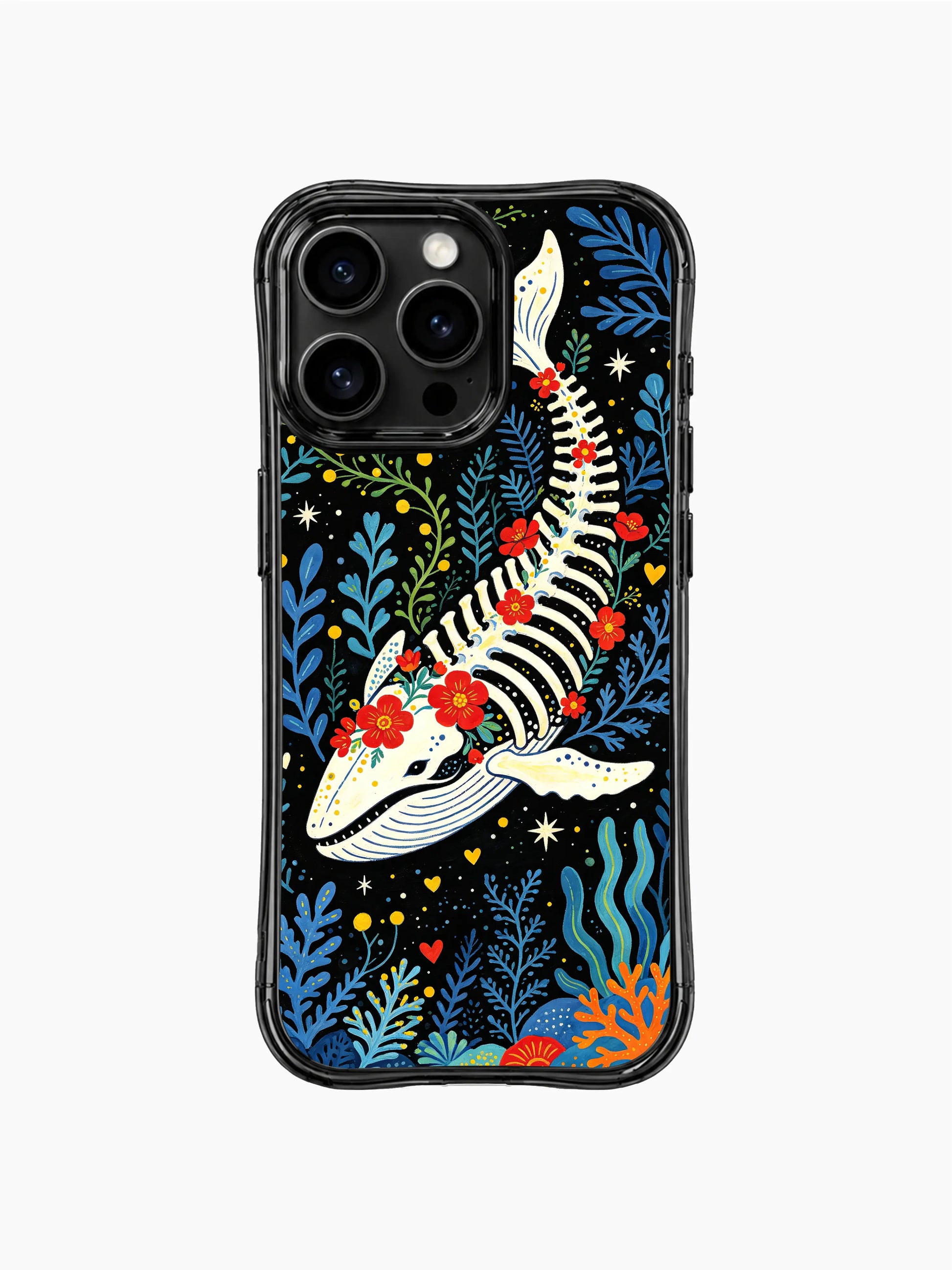 PhoneCasing iPhone 16 pro max slim case showcasing a Mexican folk art whale design. Colorful print with red roses and seaweed.