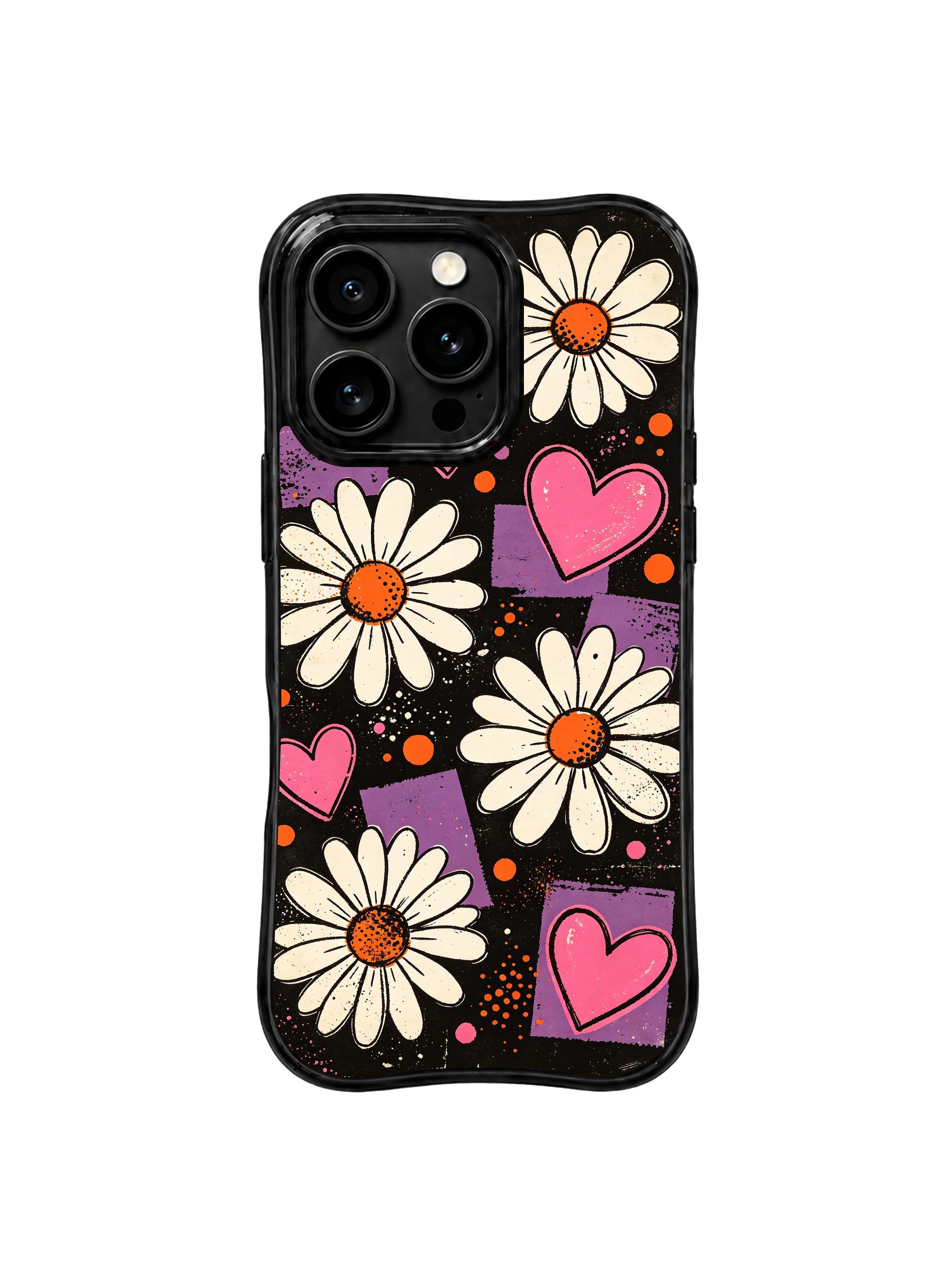 PhoneCasing iPhone 16 pro Case with full-bleed dense daisy and pink heart layout, Ruby Daze bold retro pop design, slim lightweight wavy premium case.