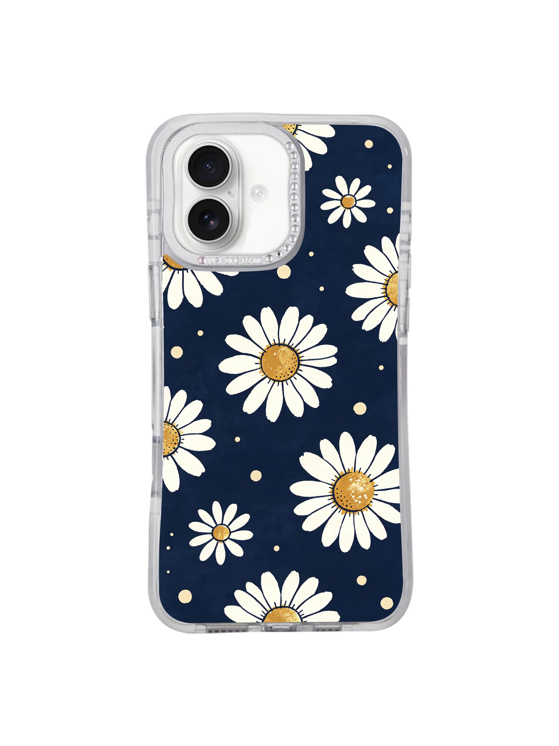 PhoneCasing exclusive Midnight Daisy Drift iPhone 17 casing, hand-drawn floating daisy fine art by floral artist Solea Meadow, deep midnight navy base with metallic gold flower centers, museum-grade print crafted at our California atelier for aesthetic women.
