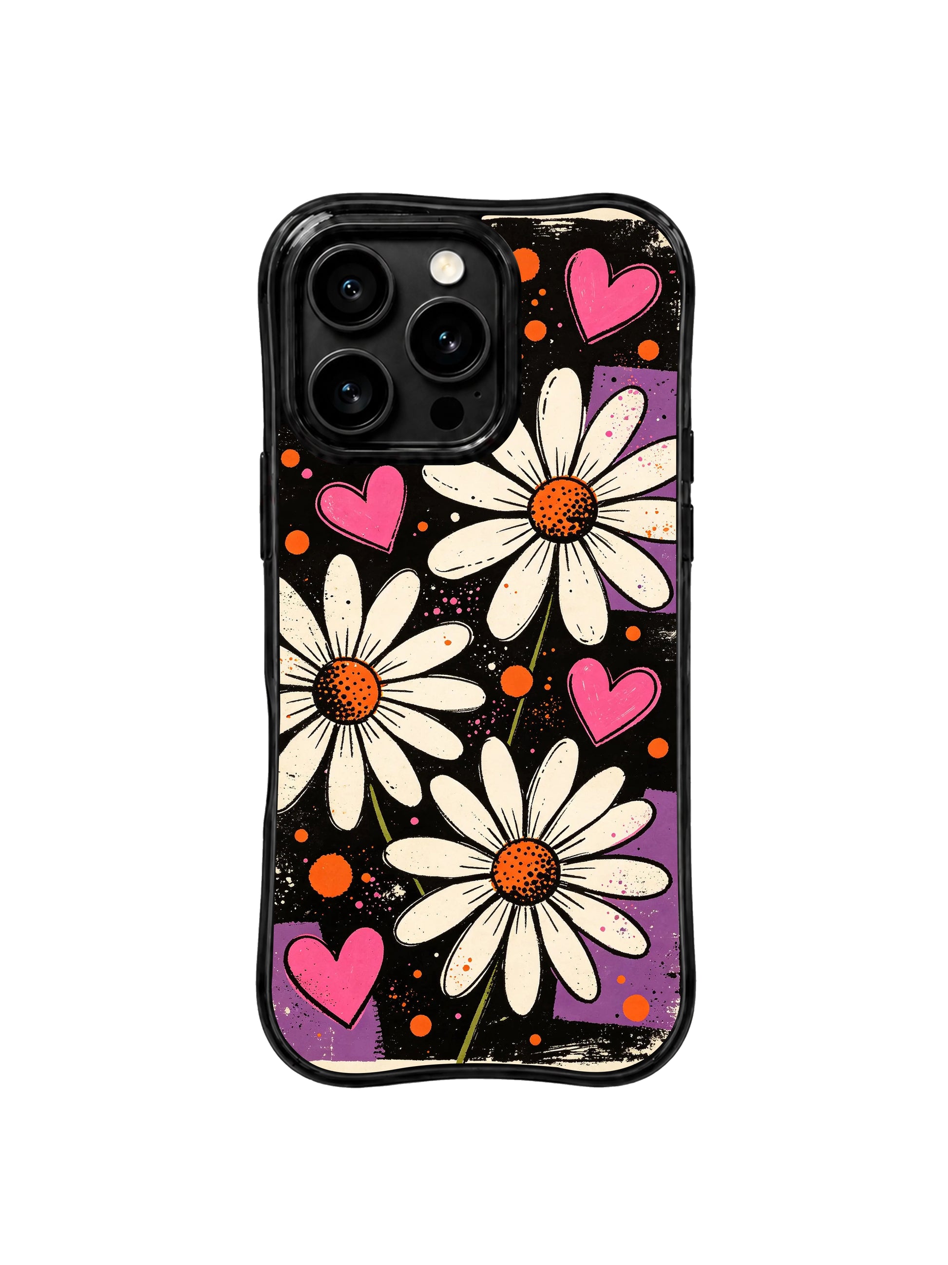 PhoneCasing iPhone 16 pro Case with authentic worn vintage poster scratch grain, exclusive Ruby Daze Midnight Daisy Pulse wearable wavy frame art.