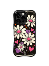 PhoneCasing iPhone 16 pro Case with rough imperfect black grunge ink outlines around daisy petals, Ruby Daze UV-printed pop art, gallery-grade wavy print casing.