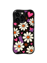 PhoneCasing iPhone 16 pro Case with scattered neon pink heart symbols on grunge black base, Ruby Daze Midnight Daisy Pulse illustration, tough wavy premium phone casing.