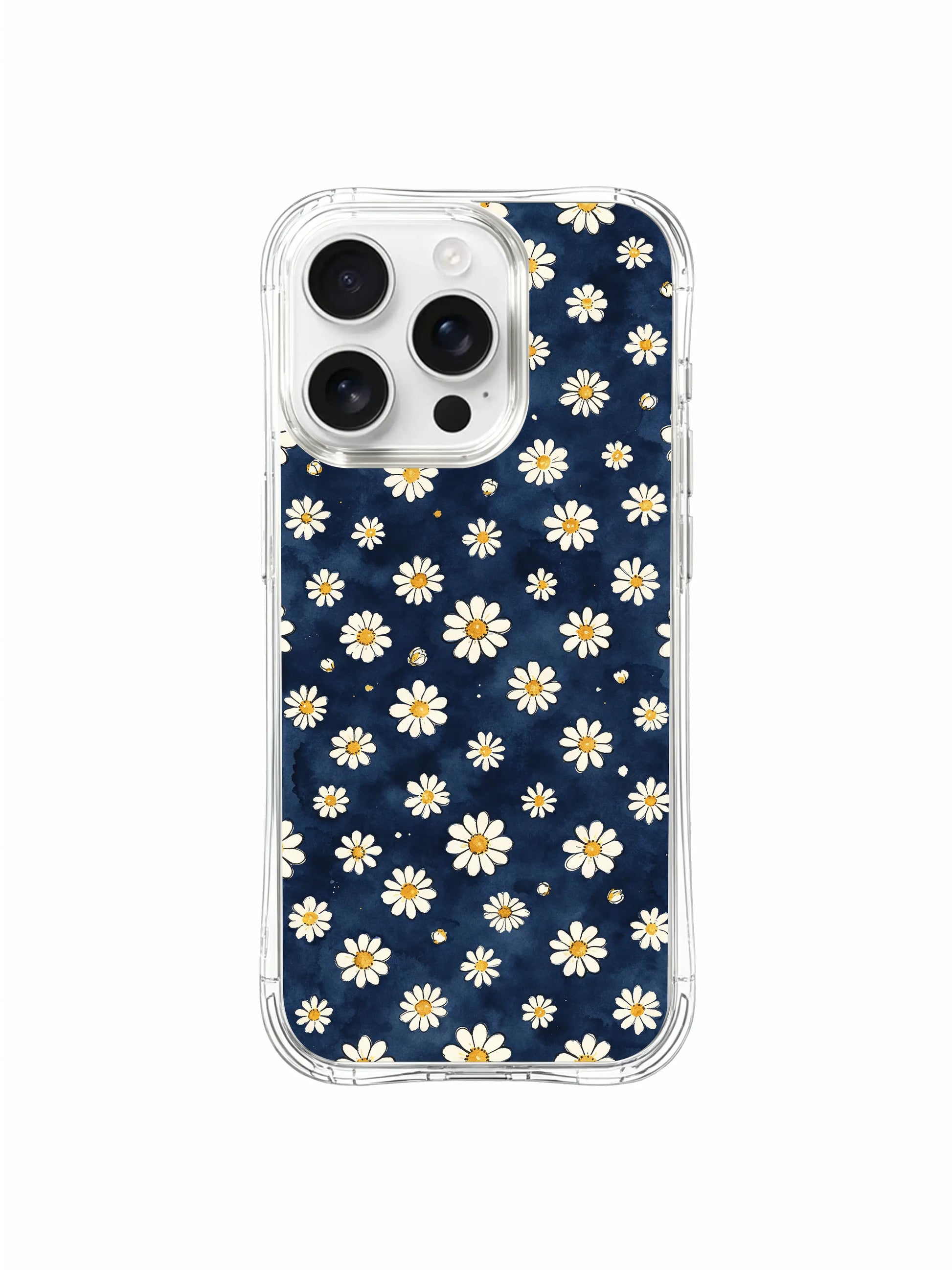 PhoneCasing iPhone 16 Pro Max Case, an exclusive artist collaboration with Mira Bloomwell, featuring the iconic Midnight Daisy Rain watercolor pattern.