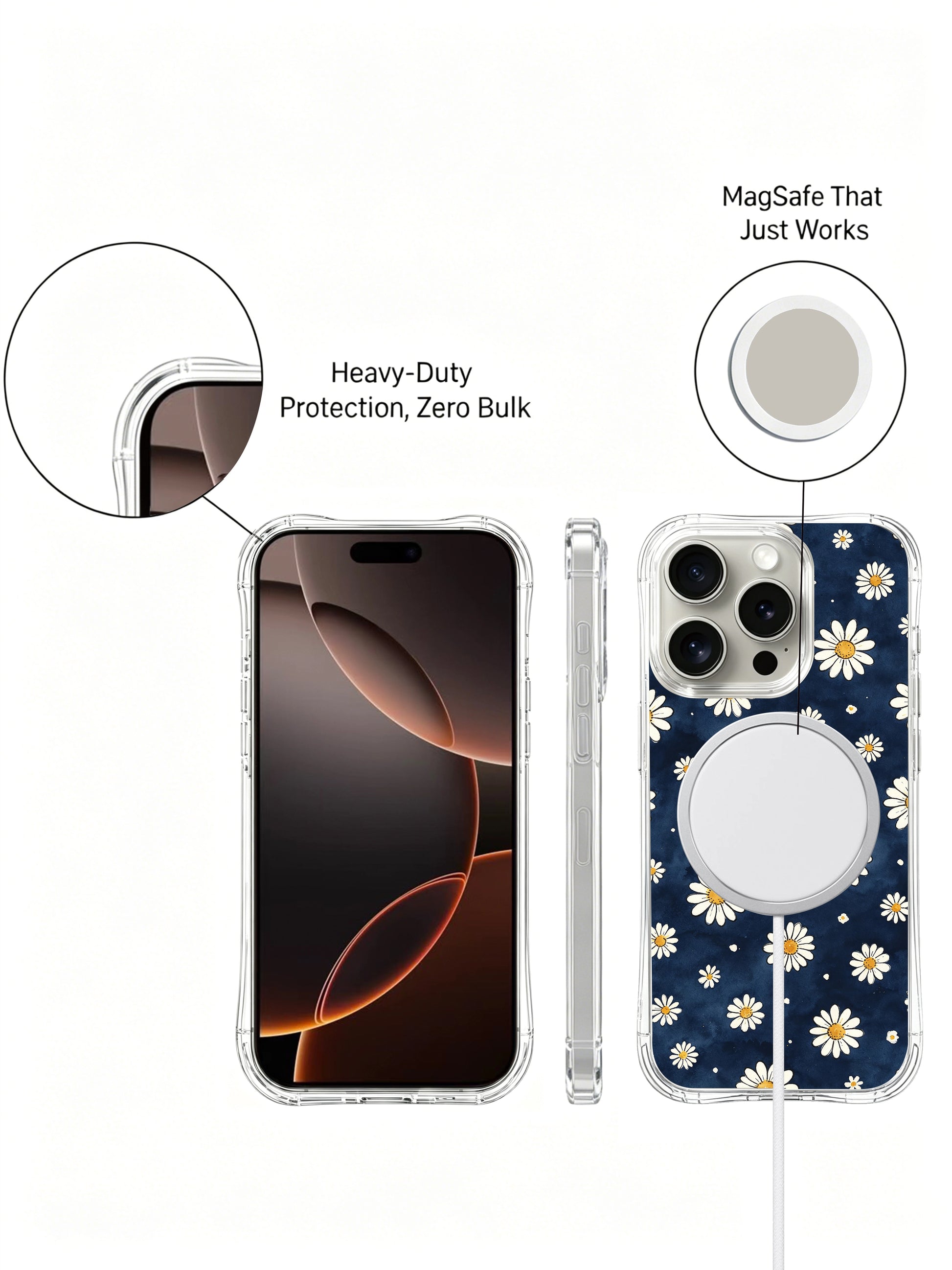 PhoneCasing iPhone 16 Pro Max Case, exclusive artist design from Mira Bloomwell’s Midnight Daisy Rain series, featuring scattered white daisies on a navy background.