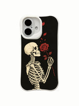 PhoneCasing Midnight Epistle morbid botanical iPhone 16 Case, exclusive Morrigan Vale art with full skeleton gripping a single stem red rose plus loose falling petals, UV-printed custom printed protective iPhone 16 cover