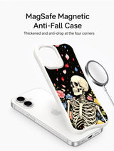 PhoneCasing Midnight Flower Shower spiritual goth iPhone 16 Case, hand-painted rib skeleton surrounded by drifting mixed-tone rose petals on matte black backdrop, antimicrobial smooth finish durable iPhone 16 casing