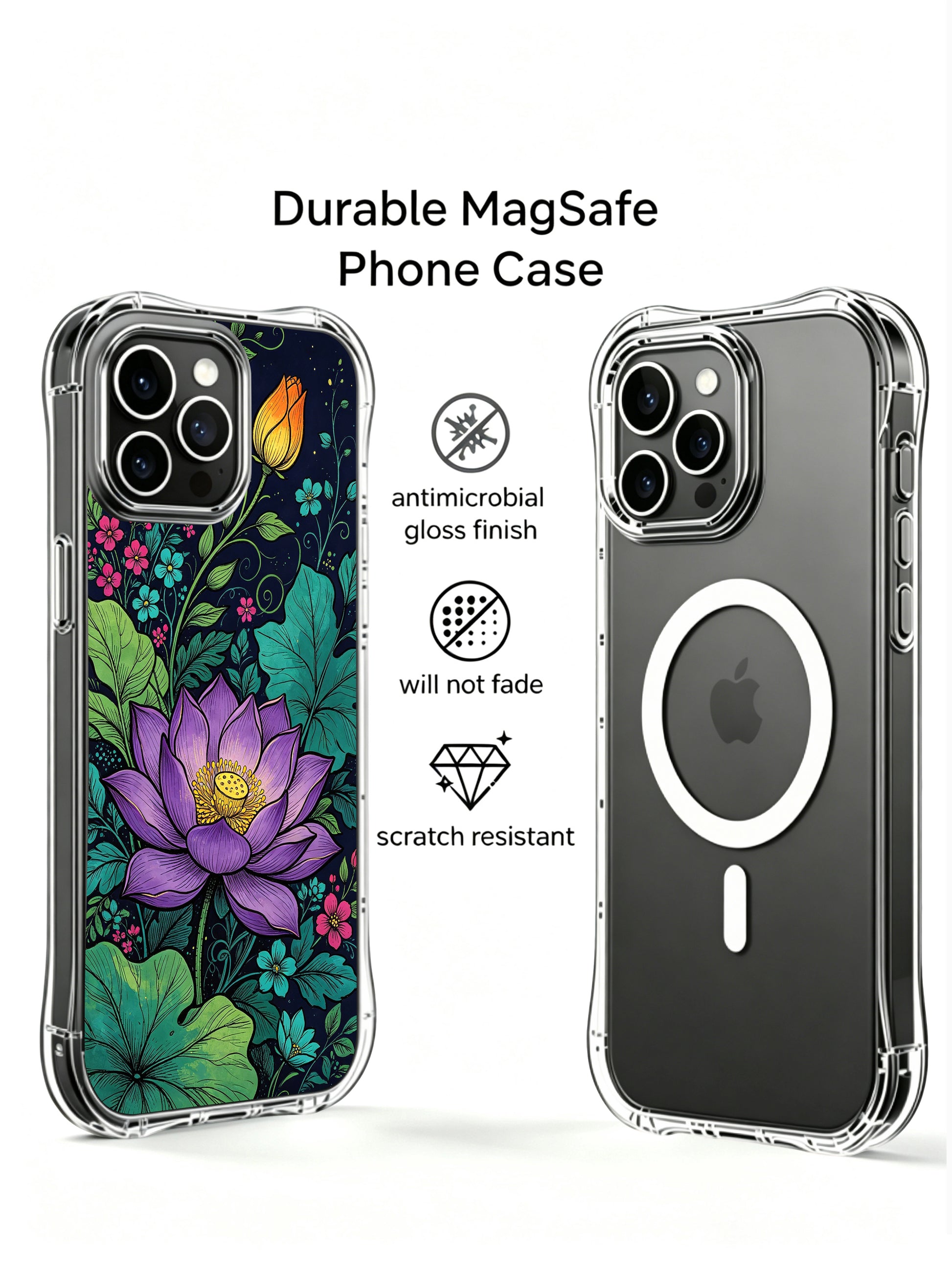 PhoneCasing iPhone 16 Pro Max Case with midnight garden art by Elias Nocturne. Stunning purple lotus and green leaf pattern, aesthetic illustrated case for everyday use.
