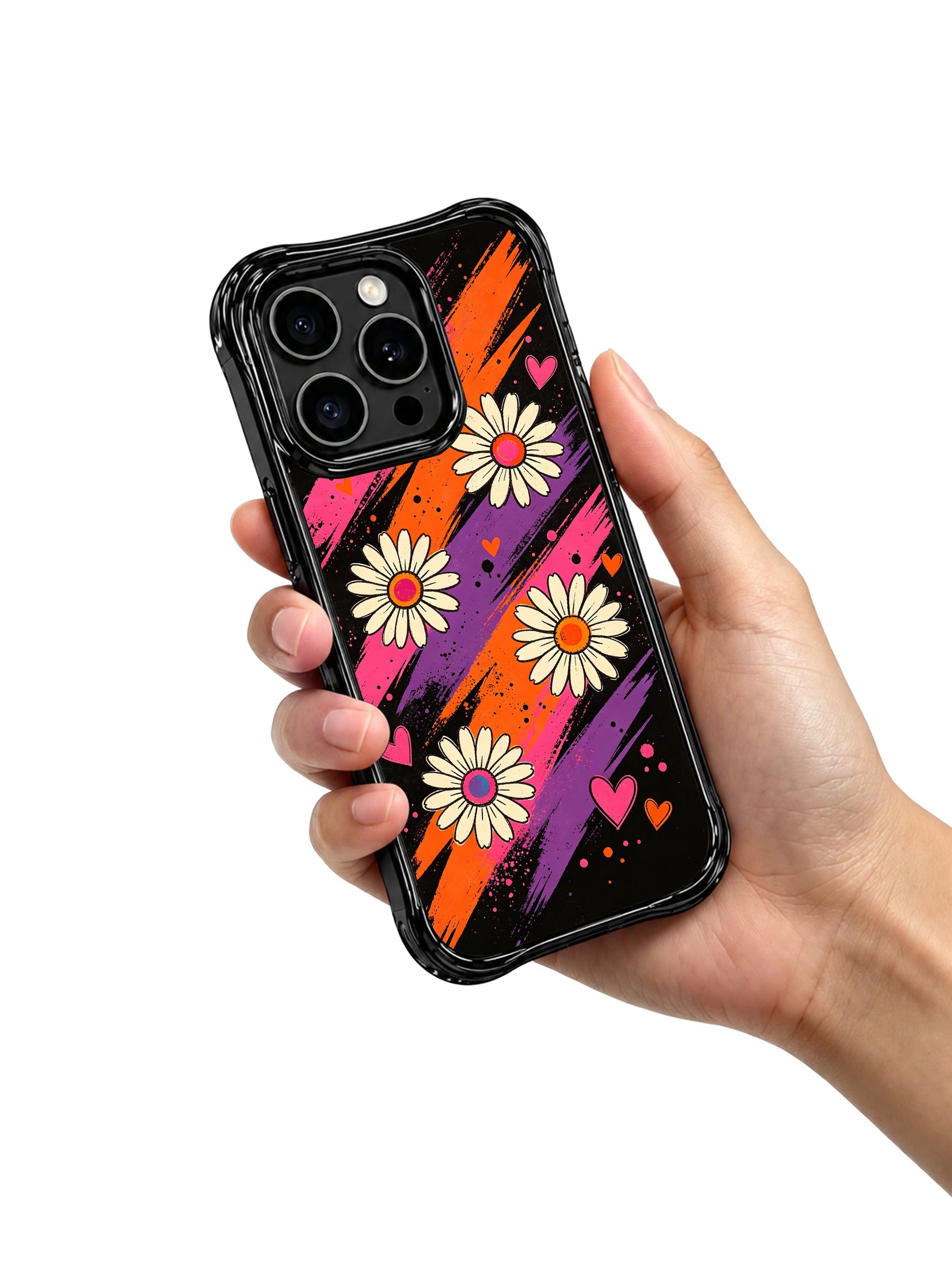 PhoneCasing iPhone 16 pro Case with whimsical secret night garden ribbon swirl daisy and tiny heart graphics, Ruby Daze soft surreal romantic pop art, California-made wavy black phone cover.