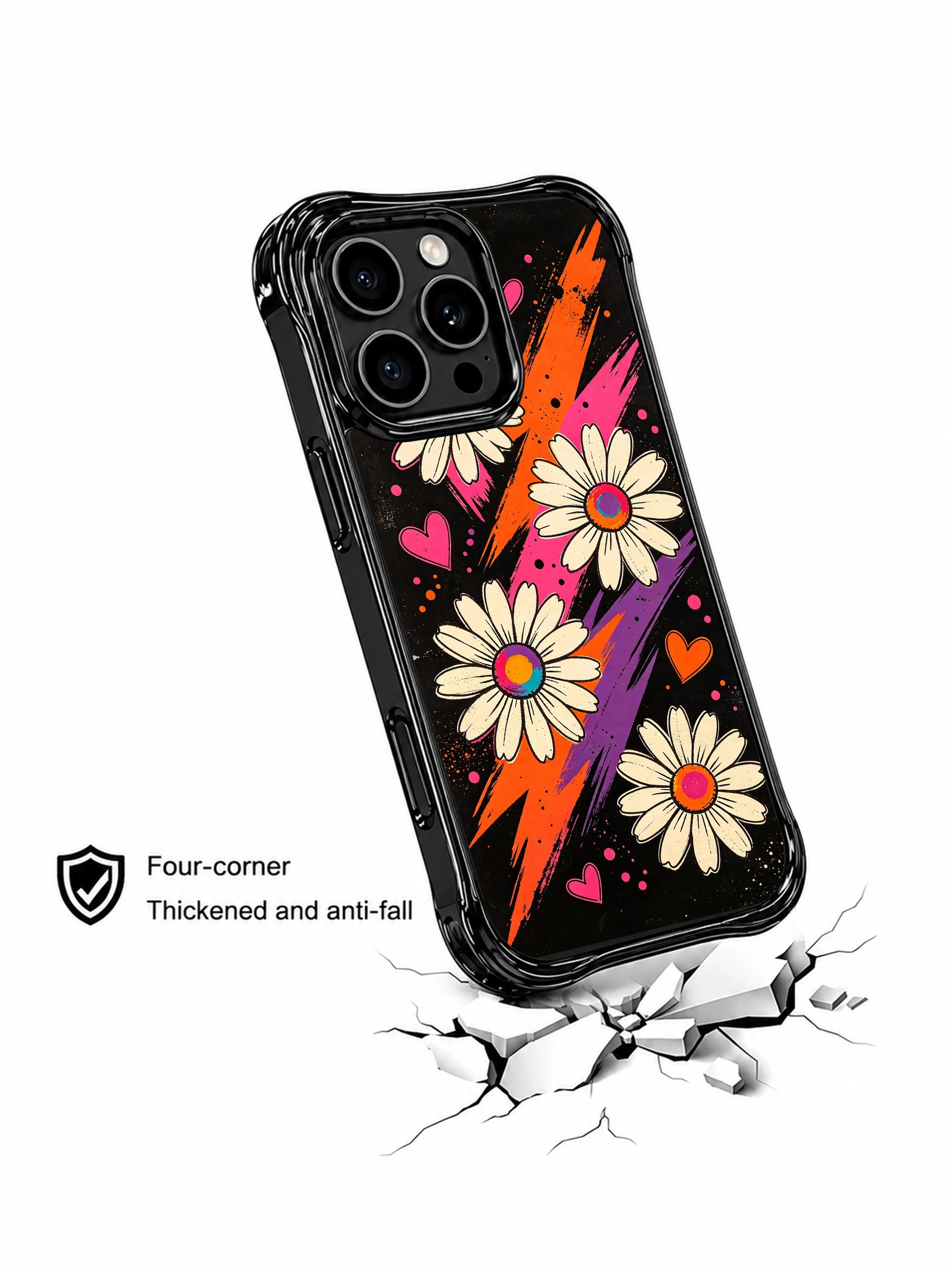 PhoneCasing iPhone 16 pro Case with whimsical secret night garden ribbon swirl daisy and tiny heart graphics, Ruby Daze soft surreal romantic pop art, California-made wavy black phone cover.