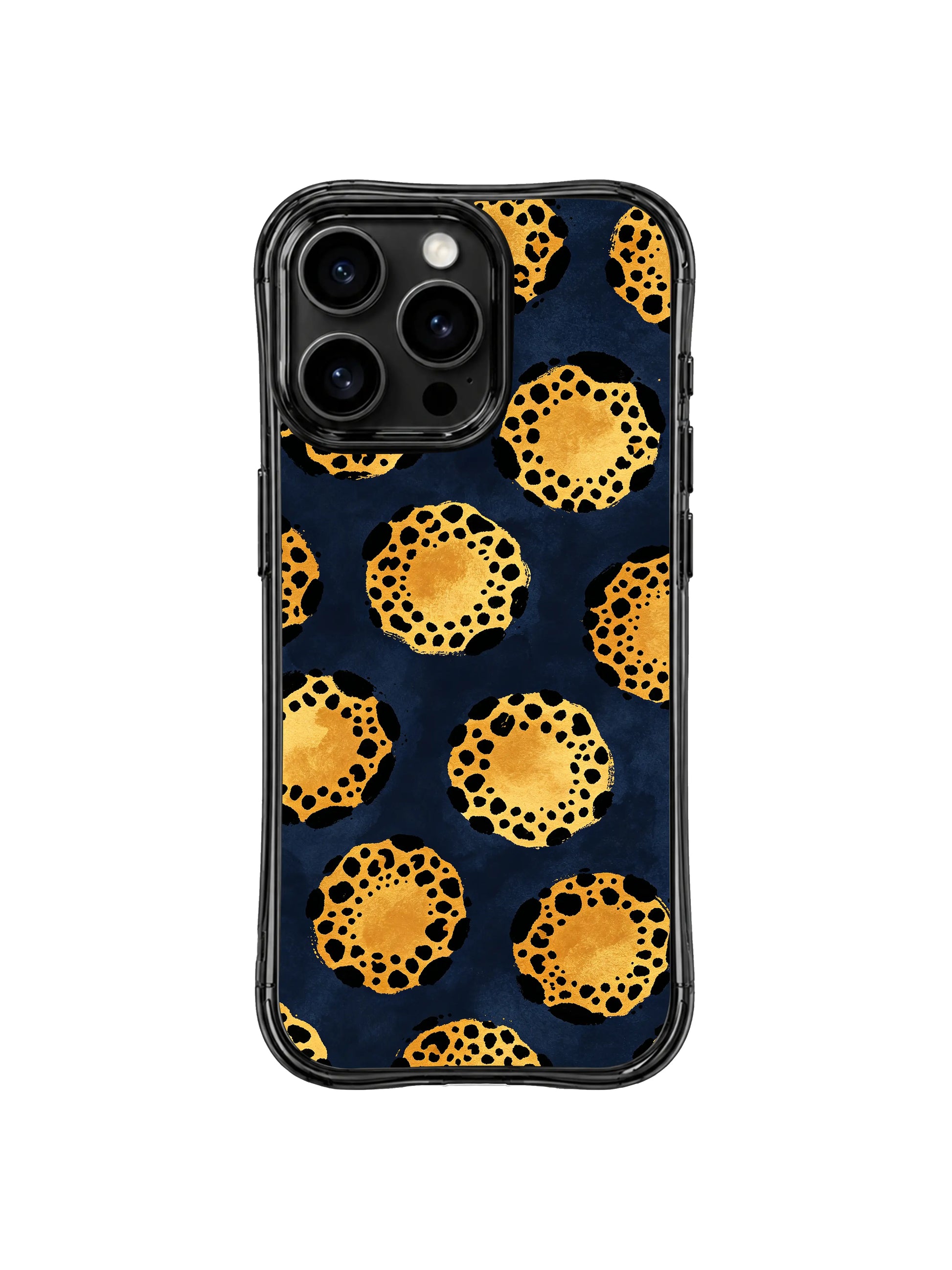 Real-life lifestyle handheld shot of PhoneCasing Midnight Golden Drift leopard iPhone 14 Pro Case, held by model showcasing restrained high-end minimalist aesthetic for business and daily sophisticated fashion accessorizing