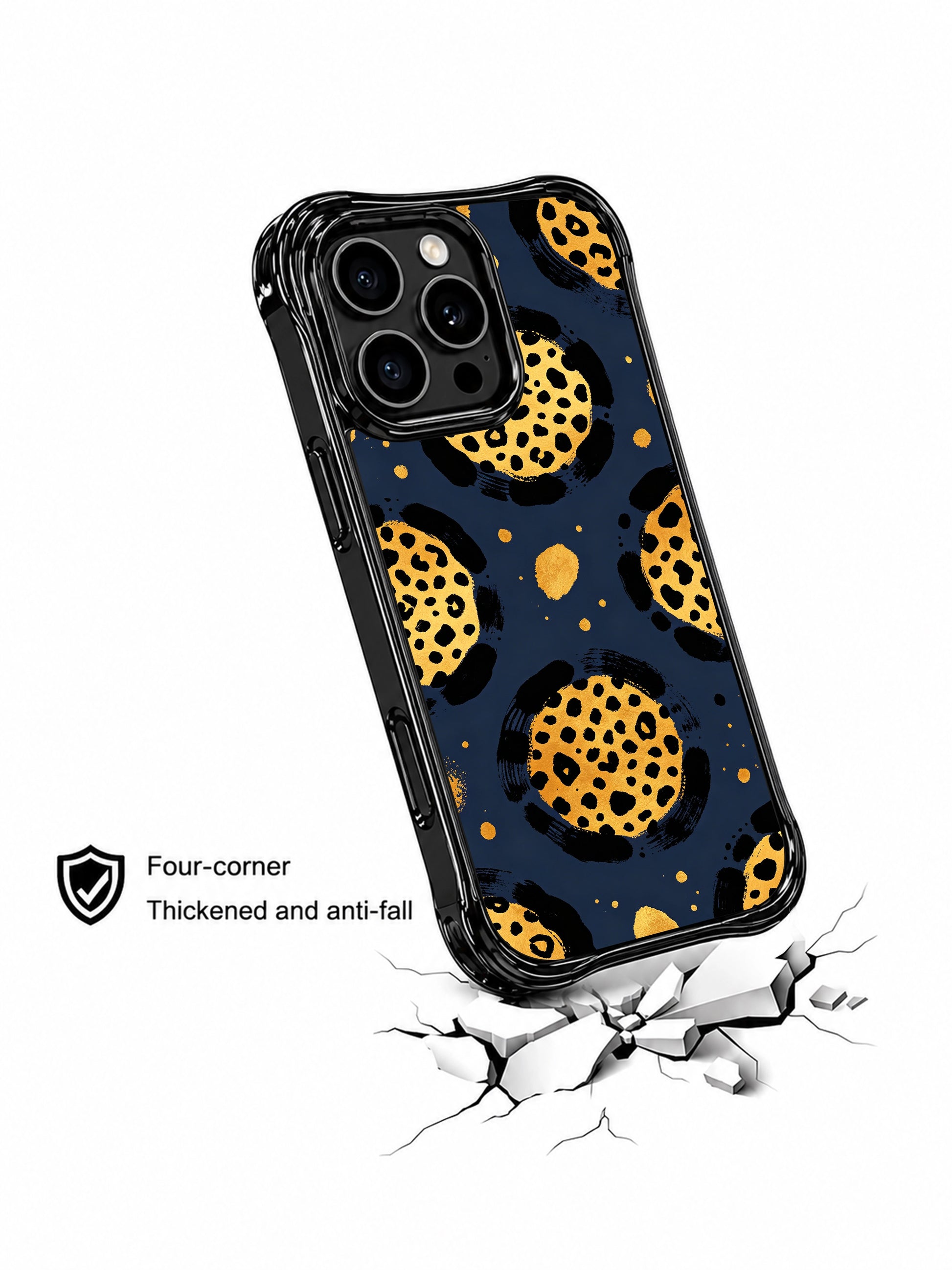 Macro texture shot of PhoneCasing Midnight Golden Drift leopard iPhone 14 Pro Case, layered watercolor navy background + metallic gold speckled rosette cores, fade-proof museum-grade archival ink printing