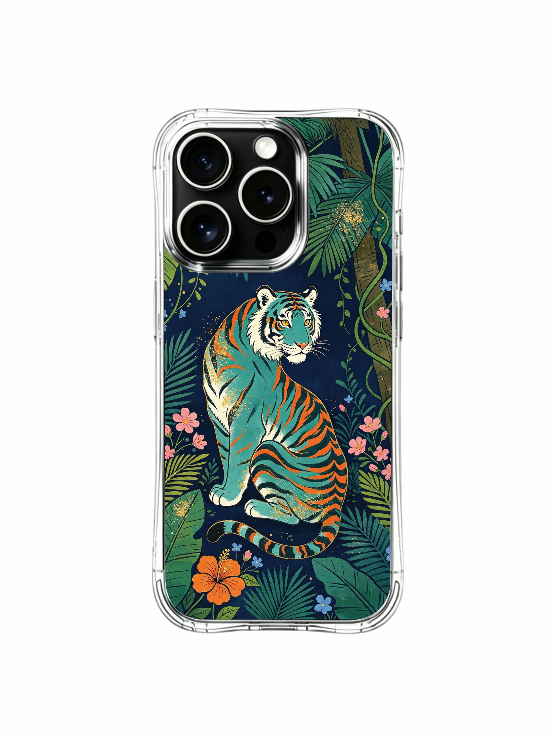 Cool jade-toned tiger wandering dark midnight illusion garden iPhone 13 pro Case from PhoneCasing, assorted monstera & palm leaf boutique art phone cover, hand-finished premium daily-use phone casing