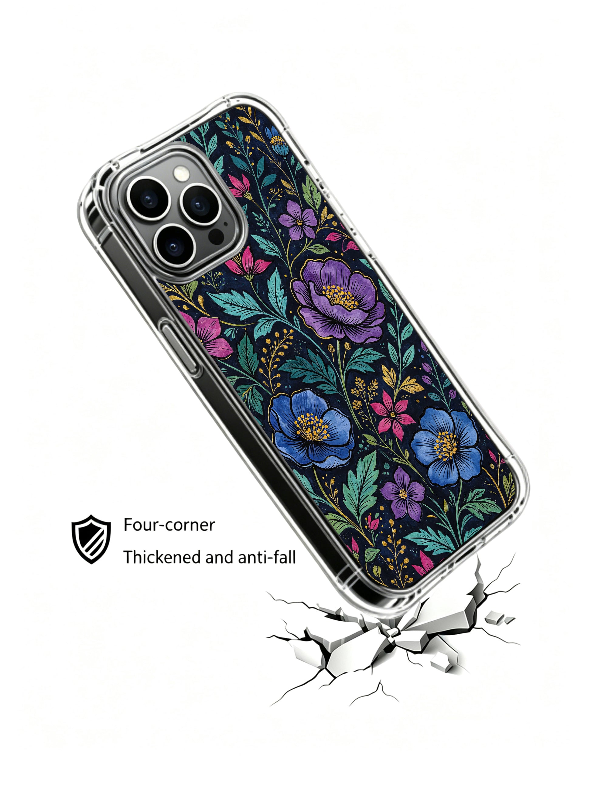PhoneCasing iPhone 16 Pro Max Case with a midnight indigo garden pattern, a rich, moody floral aesthetic.