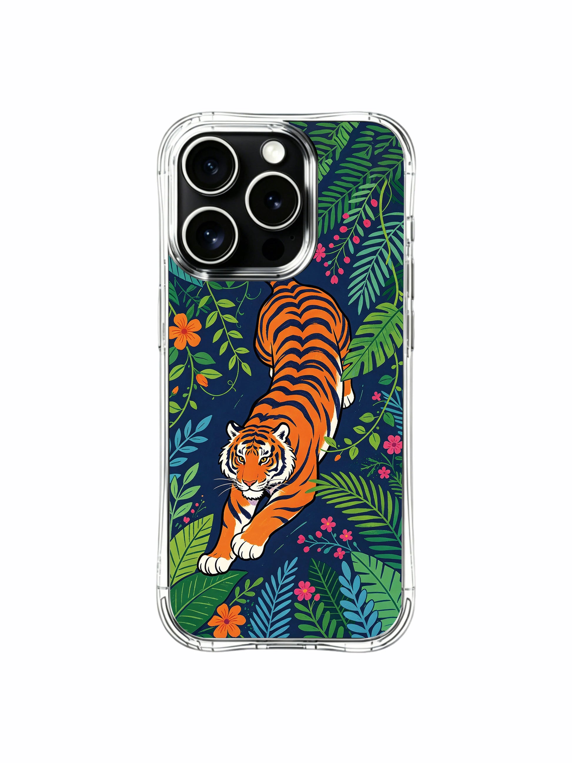 Fiery orange blaze tiger darting across midnight dark jungle iPhone 13 pro Case from PhoneCasing, scattered pink & orange wildflower detail phone cover, USA crafted high-end art phone casing
