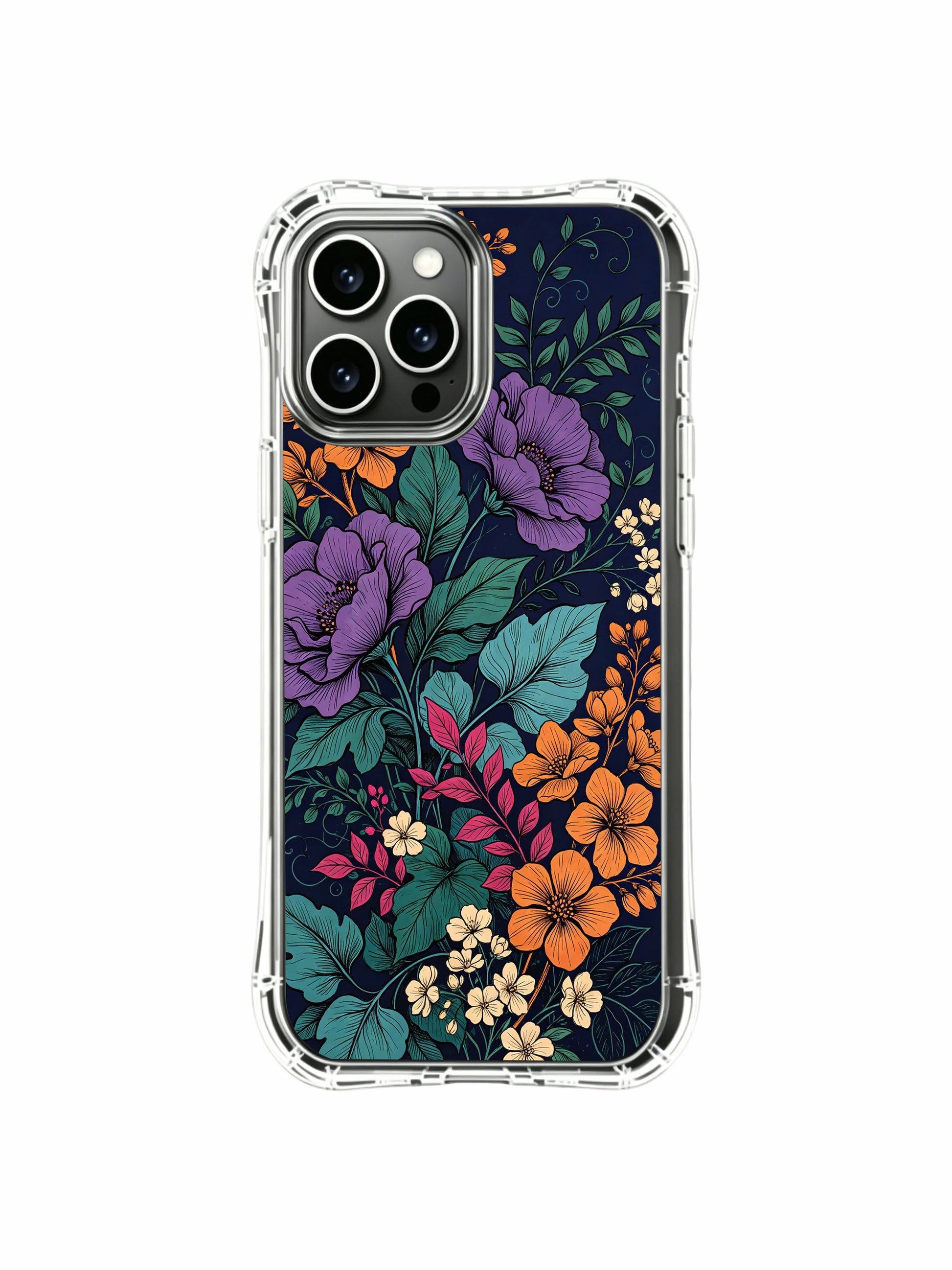 PhoneCasing iPhone 16 Pro Max Case with midnight romantic floral art. Purple peonies and golden accents, fade-resistant floral print.