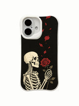 PhoneCasing Midnight Rose Letter fine art iPhone 16 Case, original Morrigan Vale traditional old-school goth tattoo artwork with skeleton holding single red rose & falling petals on distressed solid black backdrop, scratch resistant glossy casing crafted in California