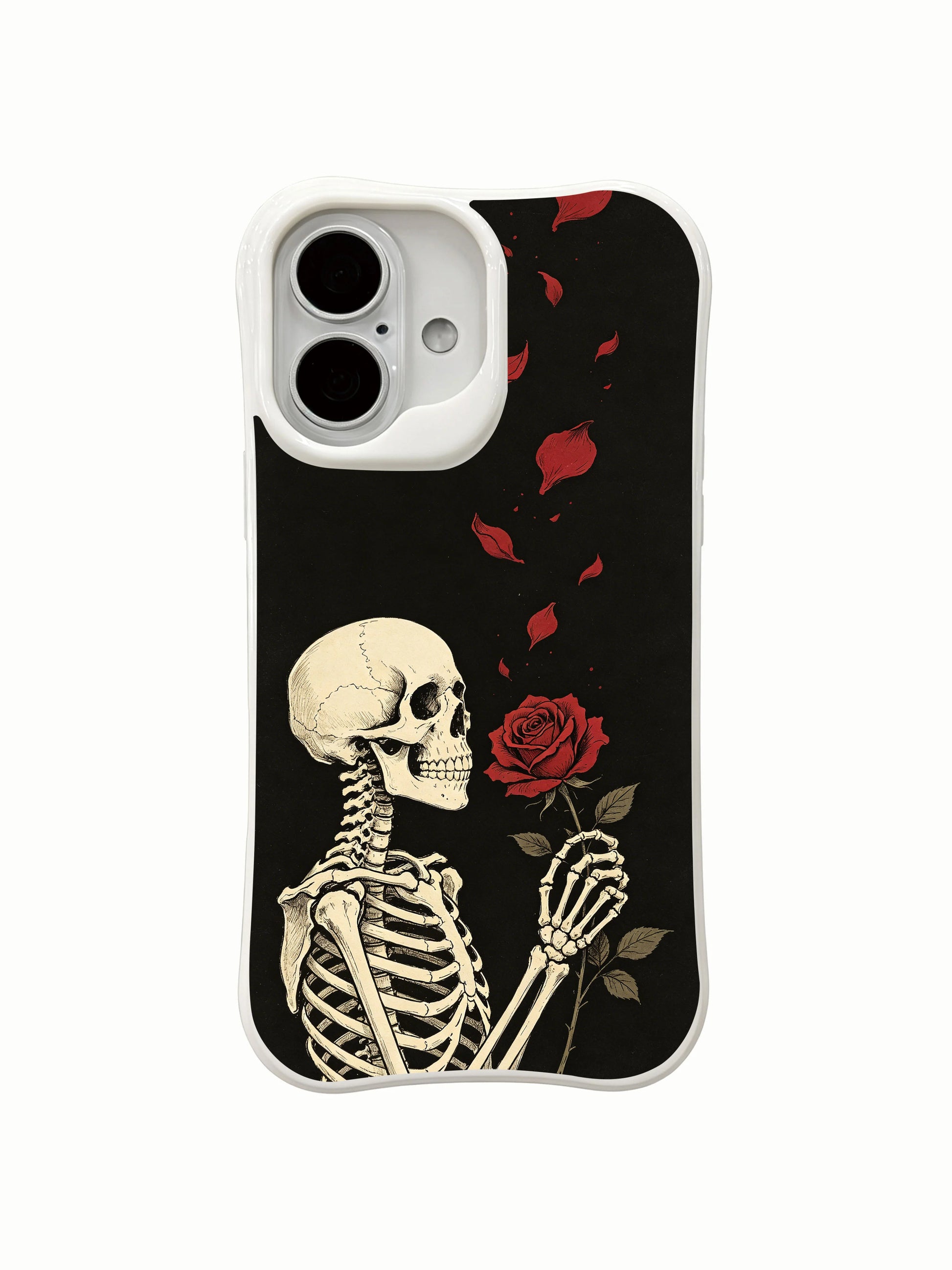 PhoneCasing Midnight Rose Letter fine art iPhone 16 Case, original Morrigan Vale traditional old-school goth tattoo artwork with skeleton holding single red rose & falling petals on distressed solid black backdrop, scratch resistant glossy casing crafted in California