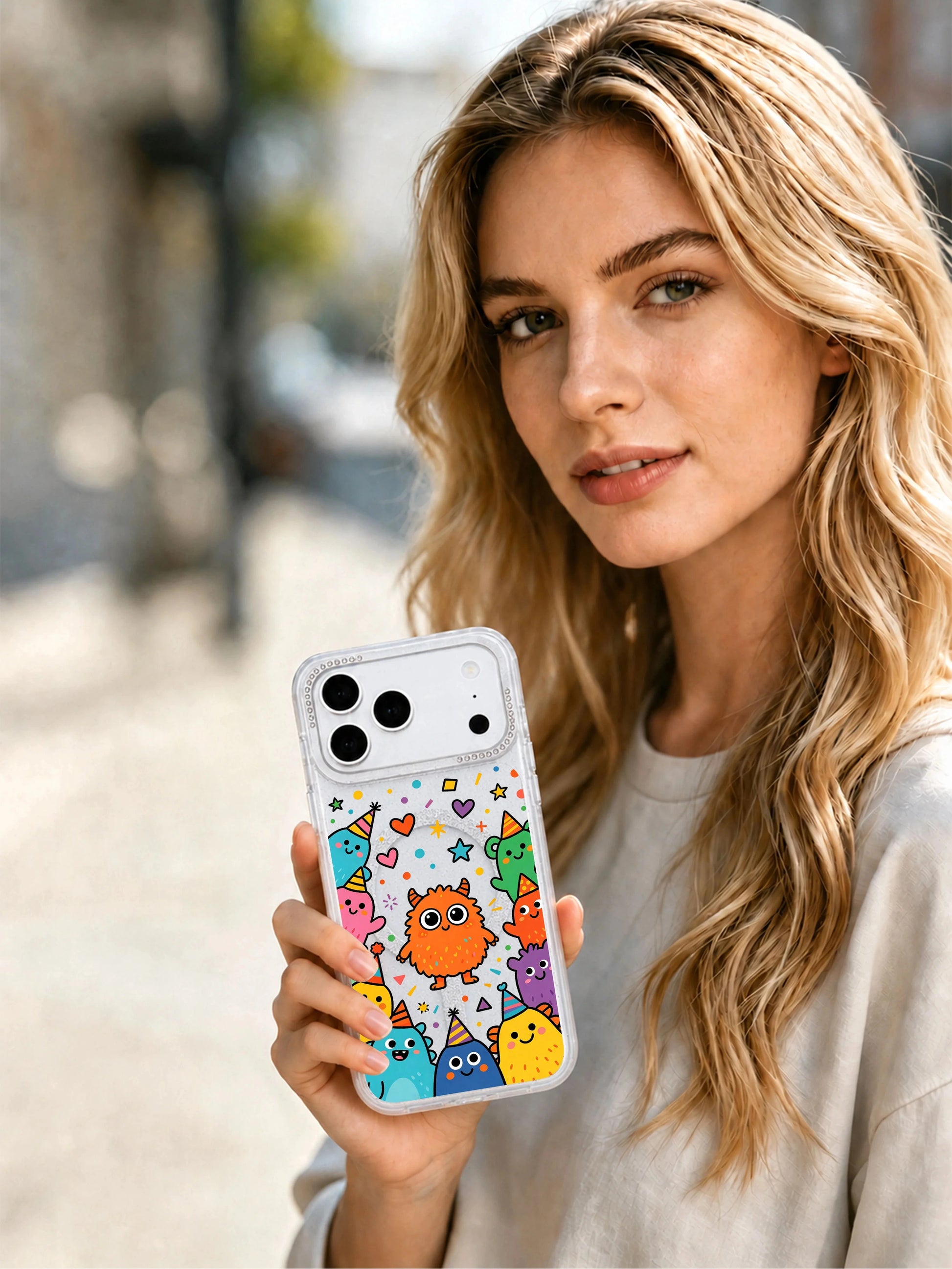 PhoneCasing group preview display shot of full Brave Orange Monster pattern lineup on iPhone 17 Pro Max case, complete range of unique party blob creature designs centered around the brave orange monster collection overview graphic for iPhone 17 Pro Max casing category page