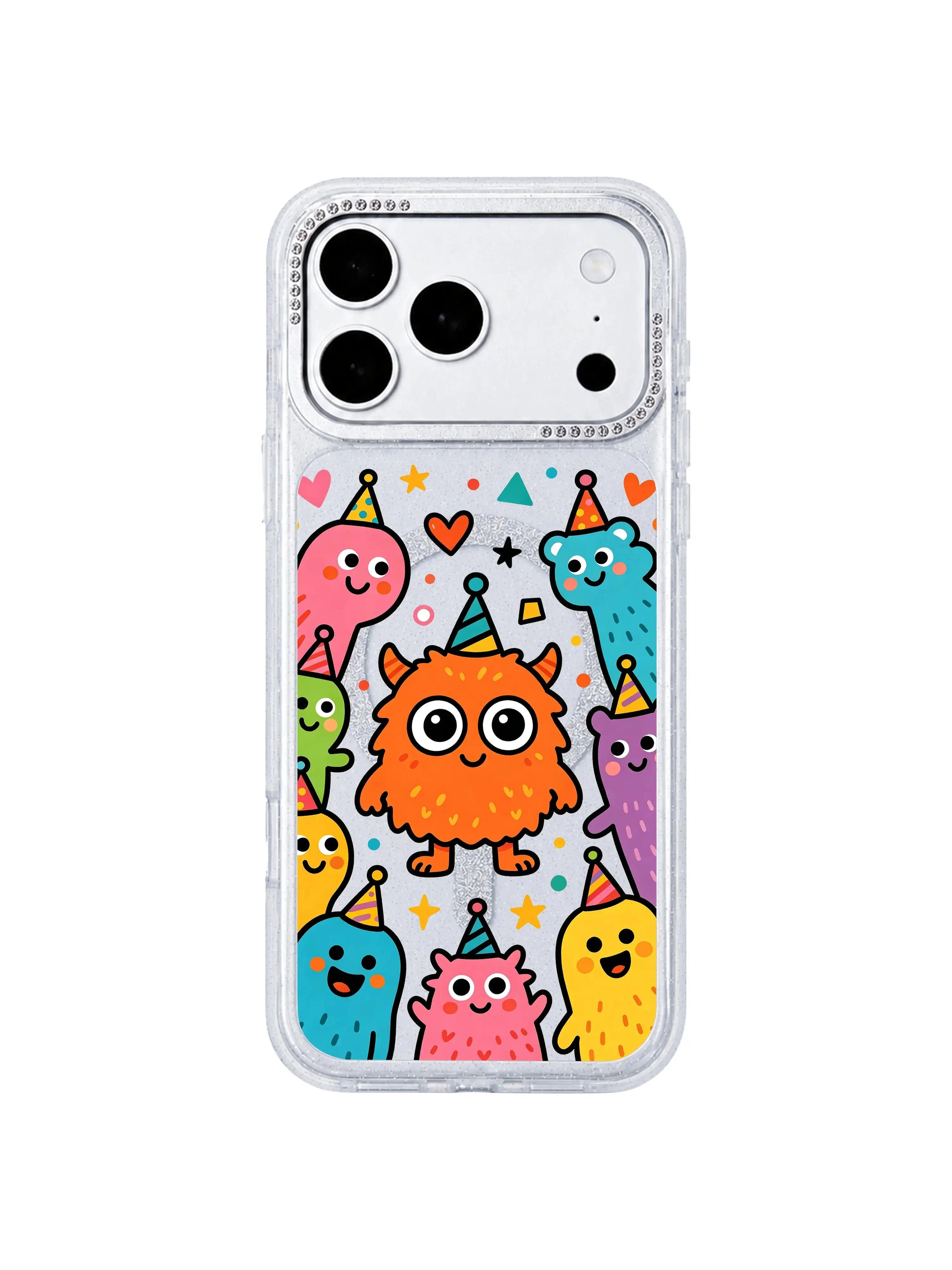 PhoneCasing angled split mockup displaying Brave Orange Monster iPhone 17 Pro Max case, transparent glitter silicone protective casing paired with bare iPhone 17 Pro Max hardware to showcase full print coverage, premium artist collaboration iPhone 17 Pro Max casing for young women shoppers