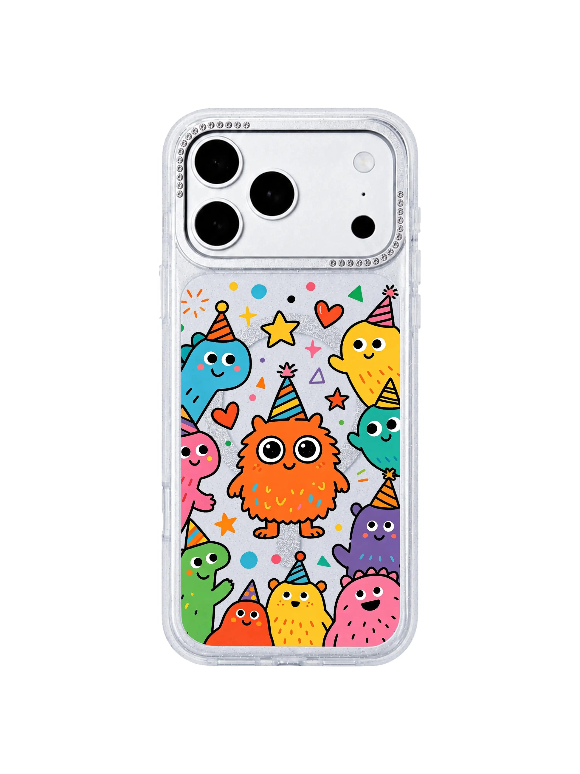 PhoneCasing minimalist isolated product mockup of Brave Orange Monster iPhone 17 Pro Max case, transparent glitter casing on plain white blank background, clean ad asset for paid social and email promotion of iPhone 17 Pro Max casing
