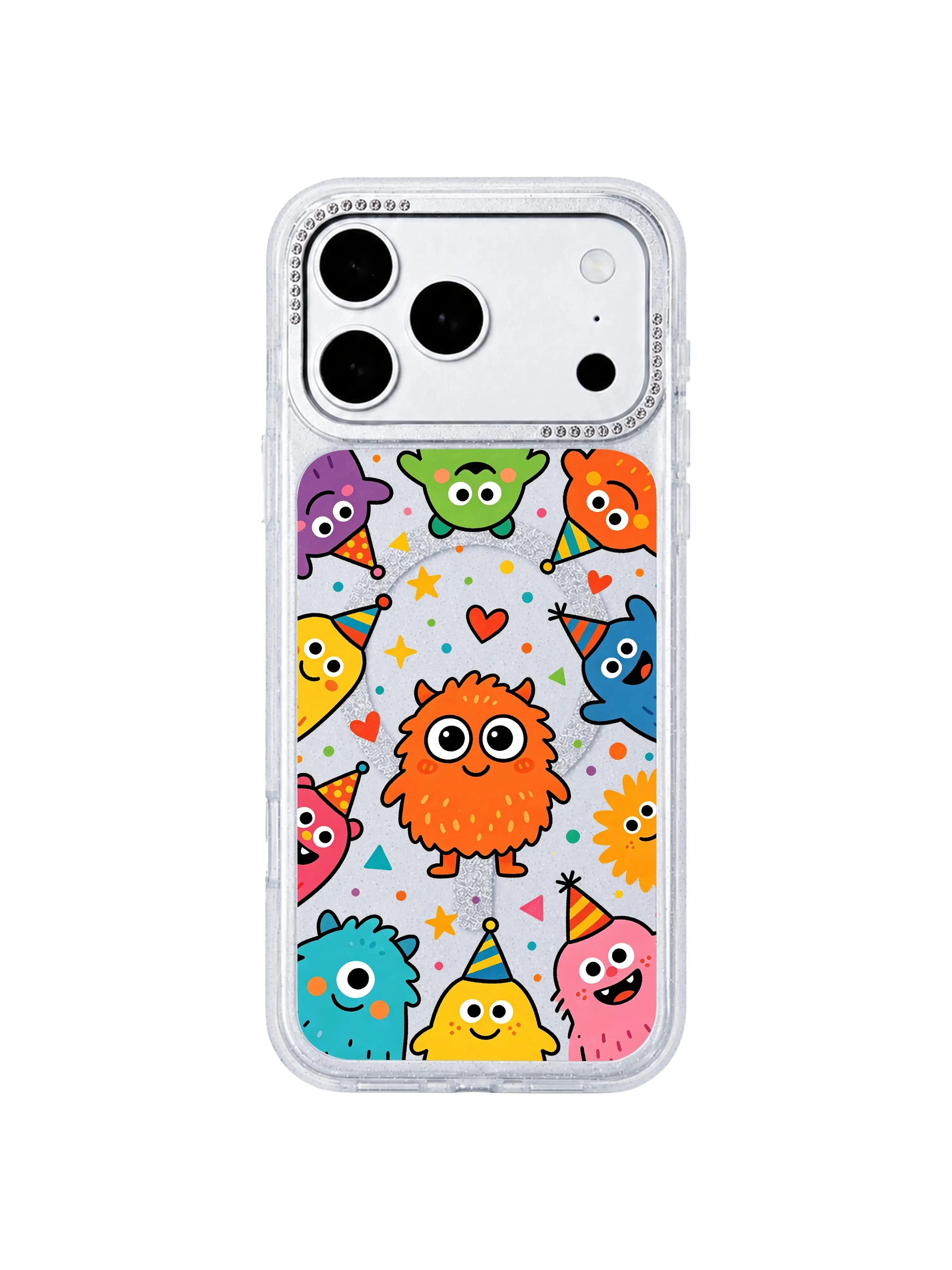 PhoneCasing macro art closeup of original Milo Popkins Brave Orange Monster print on iPhone 17 Pro Max case, detailed shot of central brave fuzzy orange monster, surrounding party blob creatures and scattered heart star geometric confetti, long-lasting UV archival print iPhone 17 Pro Max casing