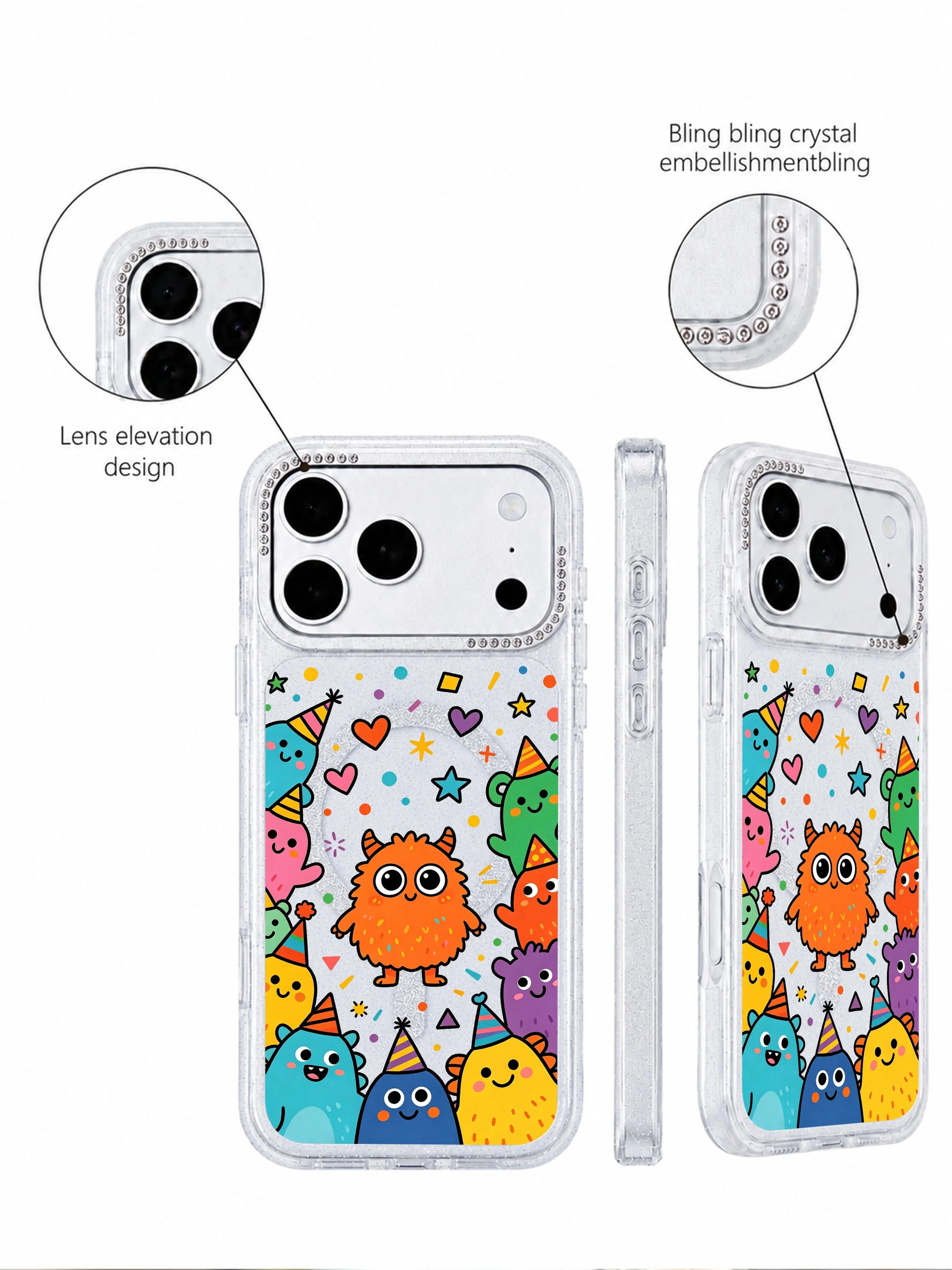 PhoneCasing group preview display shot of full Brave Orange Monster pattern lineup on iPhone 17 Pro Max case, complete range of unique party blob creature designs centered around the brave orange monster collection overview graphic for iPhone 17 Pro Max casing category page
