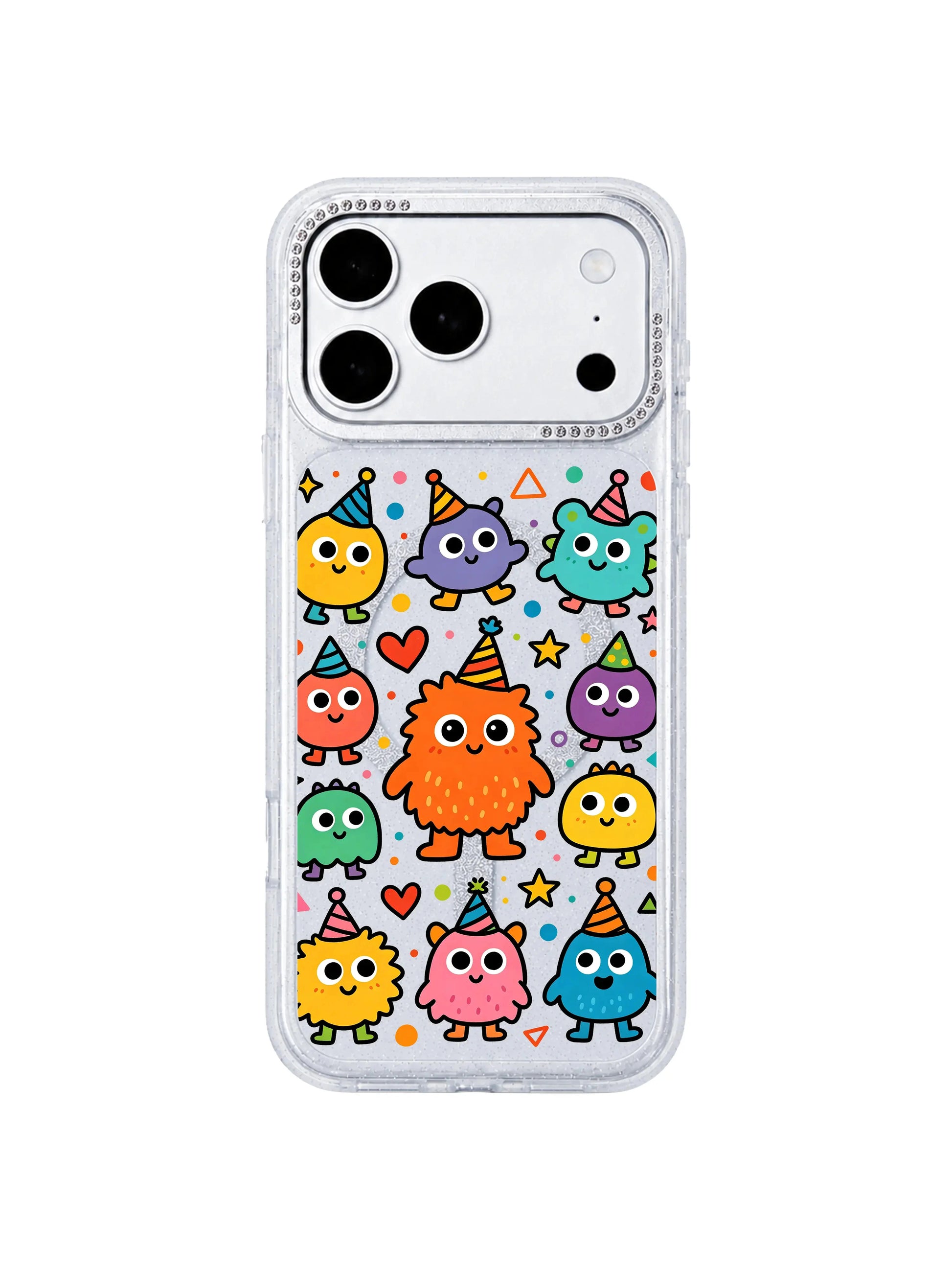 PhoneCasing texture macro image of translucent shimmer glitter clear base on Brave Orange Monster iPhone 17 Pro Max case, subtle light-catching background making saturated monster doodles stand out, slim lightweight iPhone 17 Pro Max protective casing texture detail