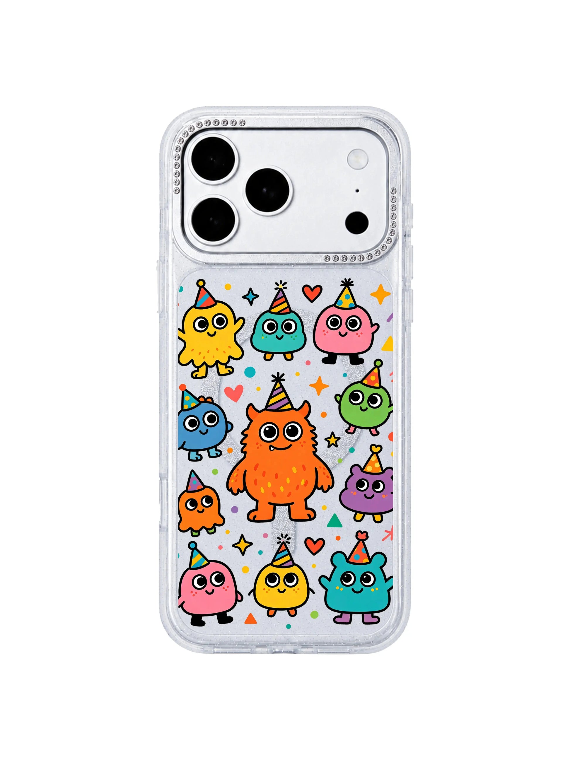  PhoneCasing outdoor lifestyle photograph of female model holding Brave Orange Monster iPhone 17 Pro Max case, vibrant kidcore monster party print on clear glitter casing, aesthetic lifestyle asset to drive social traffic for iPhone 17 Pro Max case