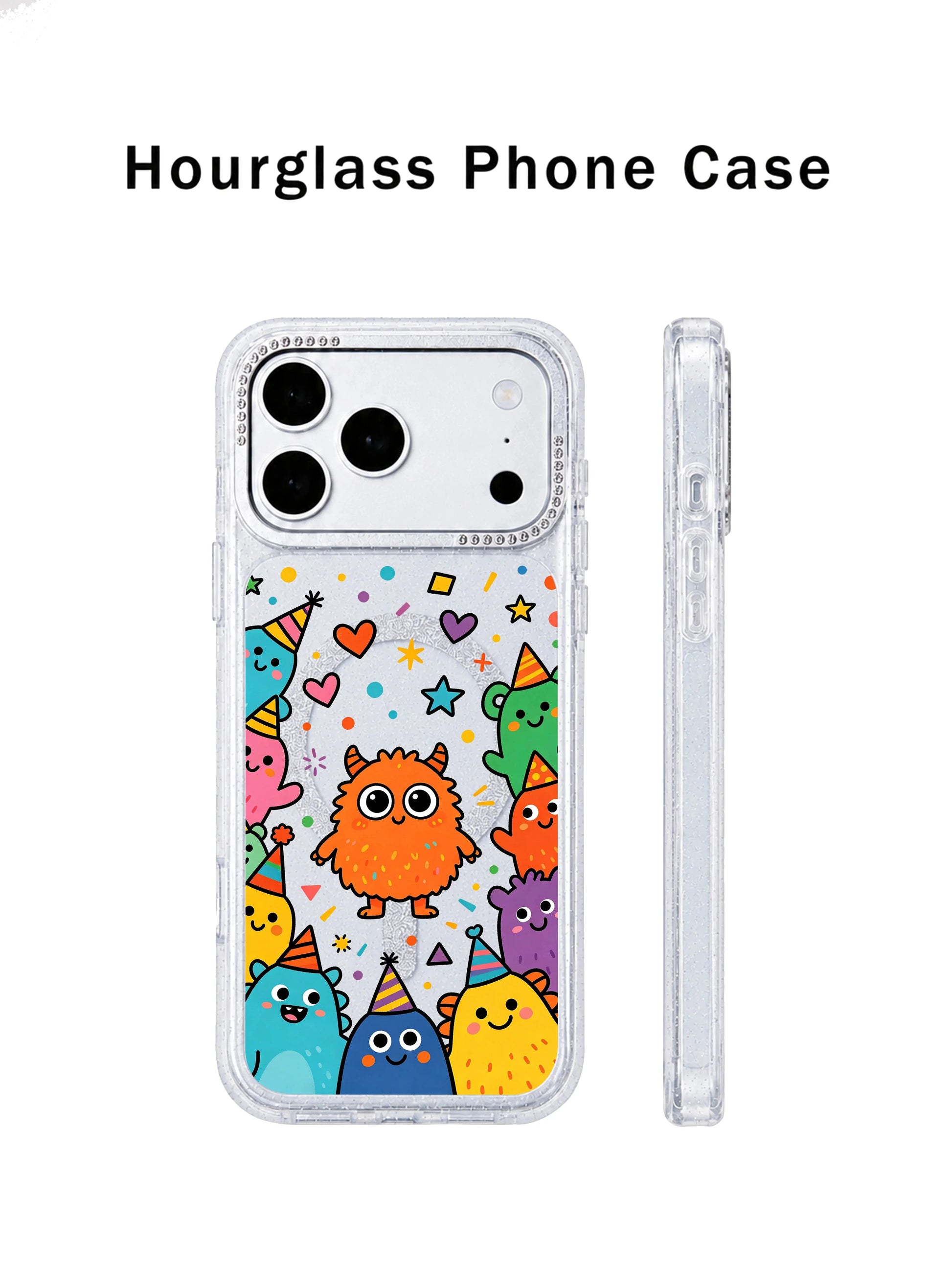 PhoneCasing decorative element closeup of tiny hand-drawn heart and star confetti scattered around brave orange monster on Brave Orange Monster iPhone 17 Pro Max case, core thematic story detail graphic for narrative-focused iPhone 17 Pro Max casing copy