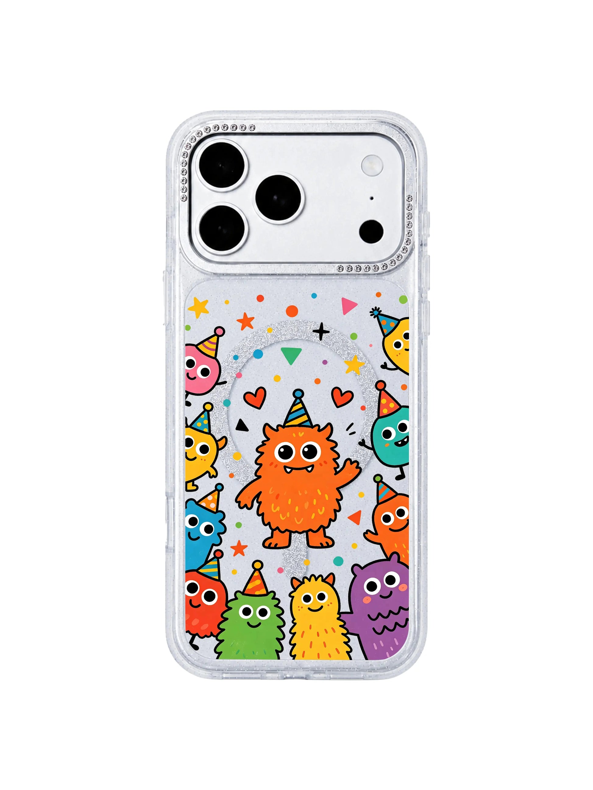 PhoneCasing wide horizontal homepage banner featuring full Brave Orange Monster grid print on iPhone 17 Pro Max case, complete layout showcasing central brave orange monster and surrounding unique blob party creatures, collection hero banner for iPhone 17 Pro Max case category page