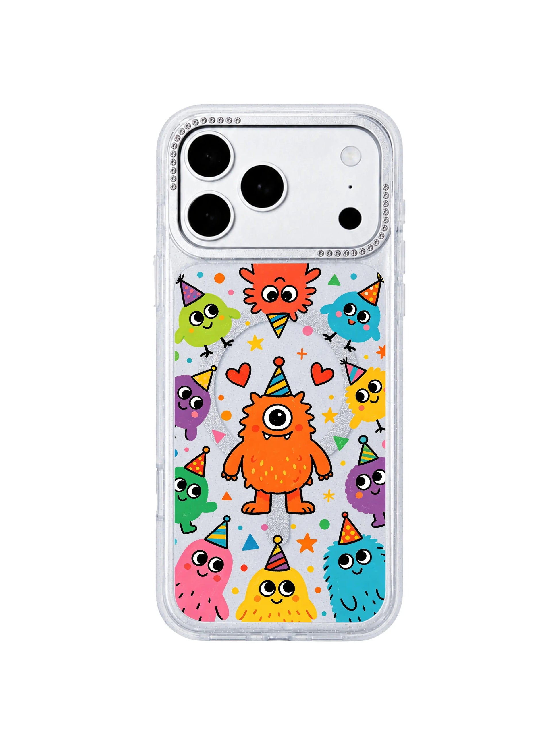 PhoneCasing three-view composite graphic for Brave Orange Monster iPhone 17 Pro Max case, front artwork panel plus slim side profile highlighting hourglass frame structure, informational banner asset for iPhone 17 Pro Max casing product description section