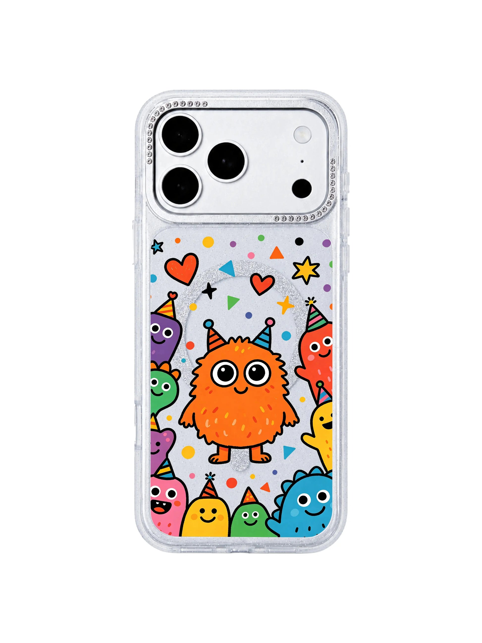 PhoneCasing partial back shot revealing embedded MagSafe wireless charging ring inside Brave Orange Monster iPhone 17 Pro Max case, fully compatible seamless wireless charging iPhone 17 Pro Max casing feature graphic