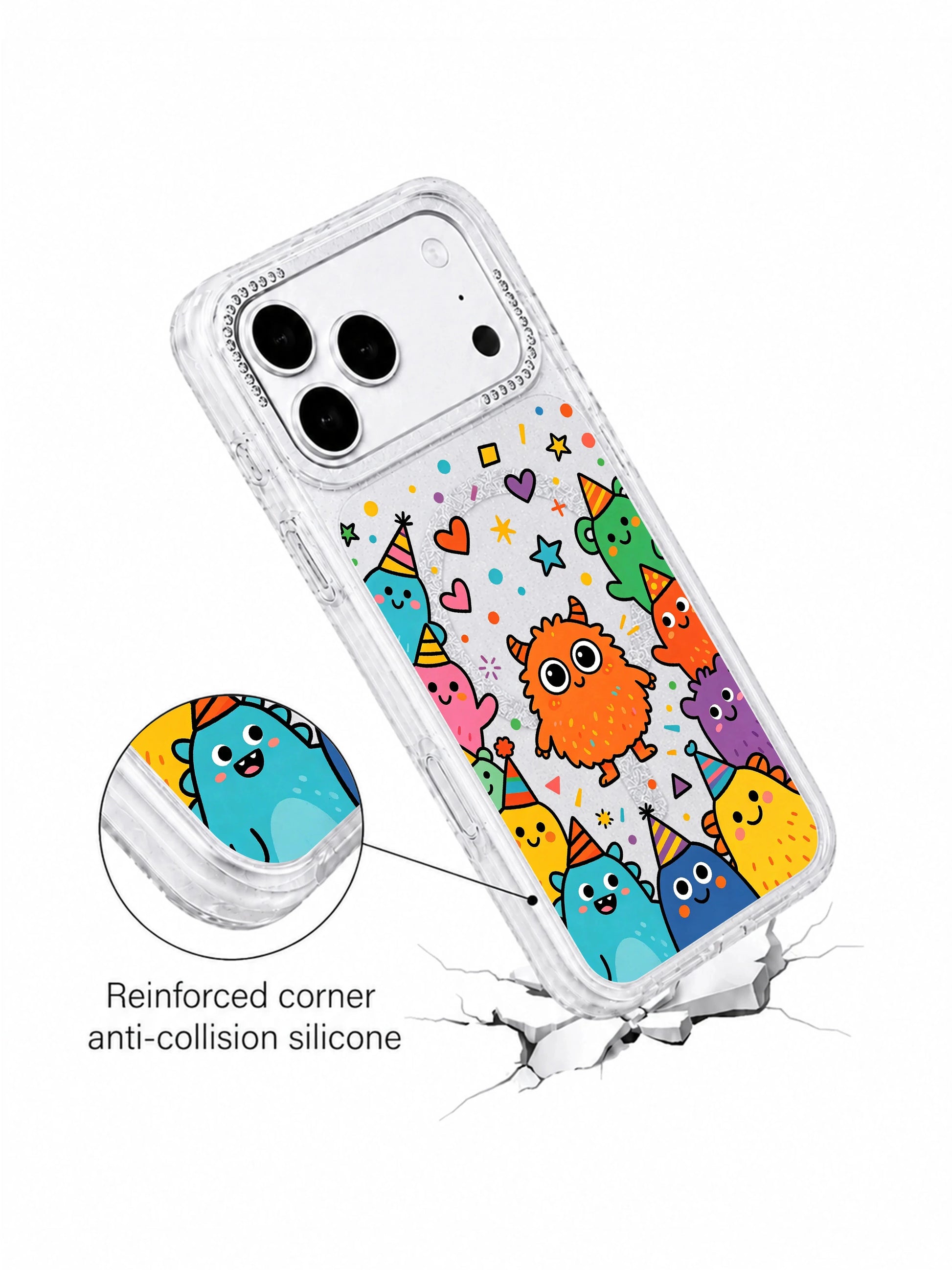  PhoneCasing character macro shot of striped party hat-wearing brave fuzzy orange monster and surrounding blob creatures on Brave Orange Monster iPhone 17 Pro Max case, Milo Popkins signature uplifting naive doodle style on clear glitter iPhone 17 Pro Max casing
