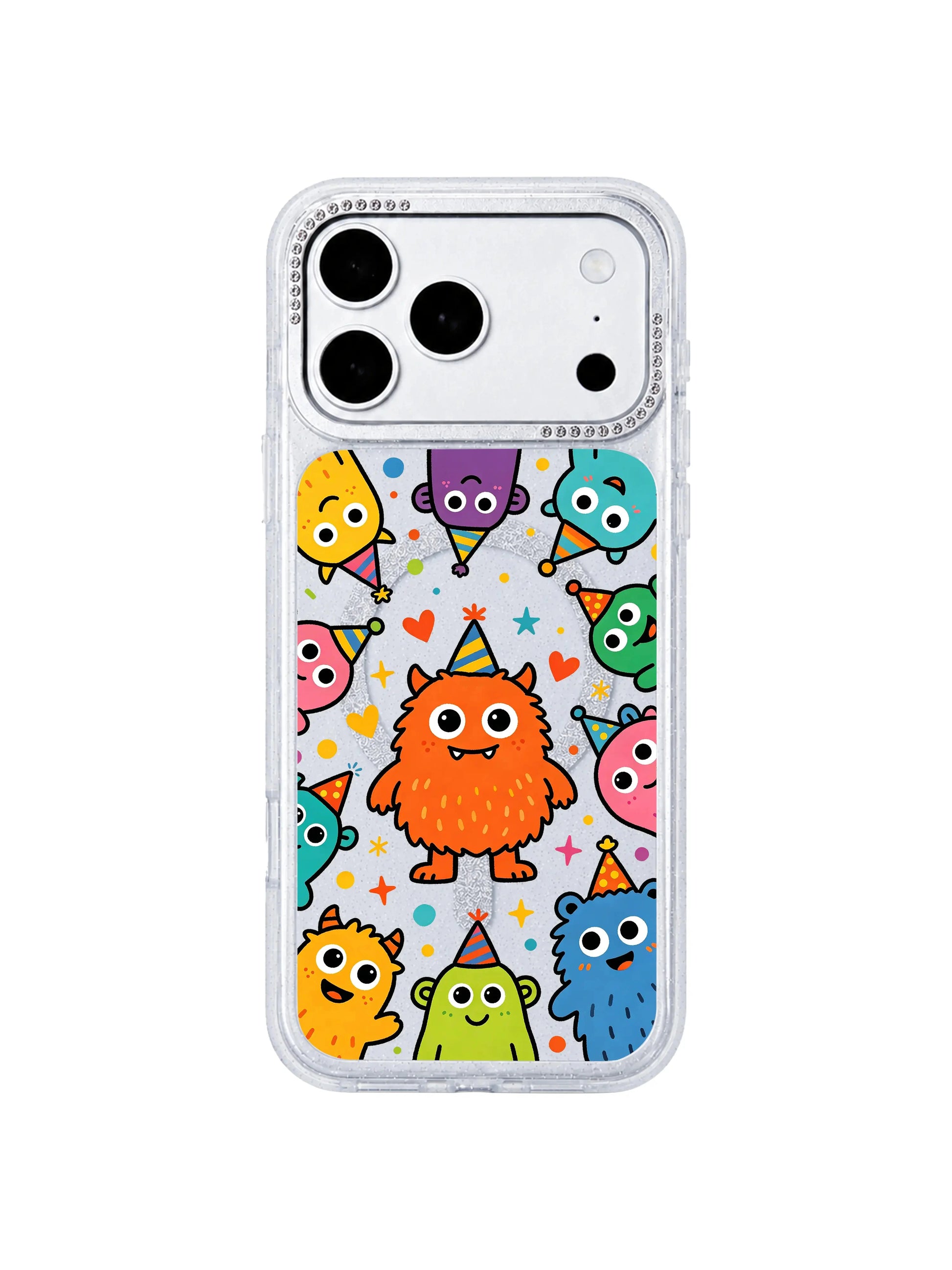  PhoneCasing zoomed detail banner of crystal rhinestone camera border on Brave Orange Monster iPhone 17 Pro Max case, raised scratch-proof lens protection selling point graphic for premium iPhone 17 Pro Max casing