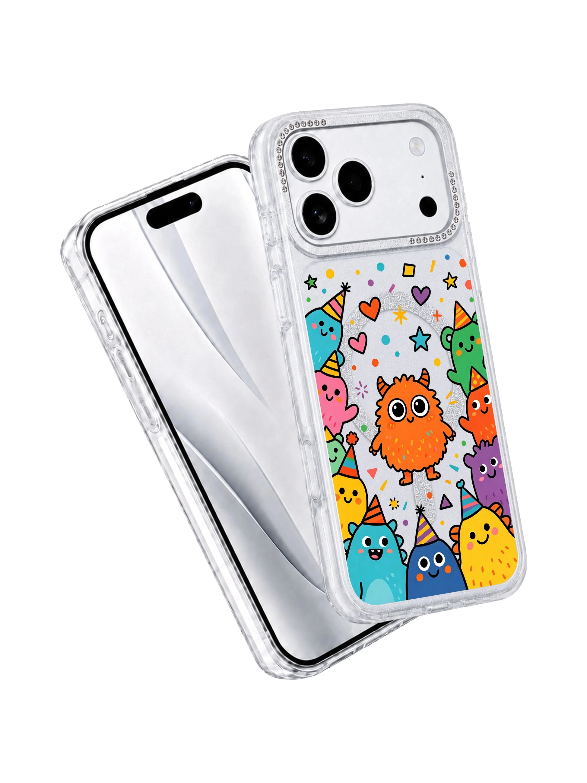  PhoneCasing dual-angle overview graphic of Brave Orange Monster iPhone 17 Pro Max case, front art panel plus side rhinestone lens frame combined view for product carousel slide iPhone 17 Pro Max casing listing