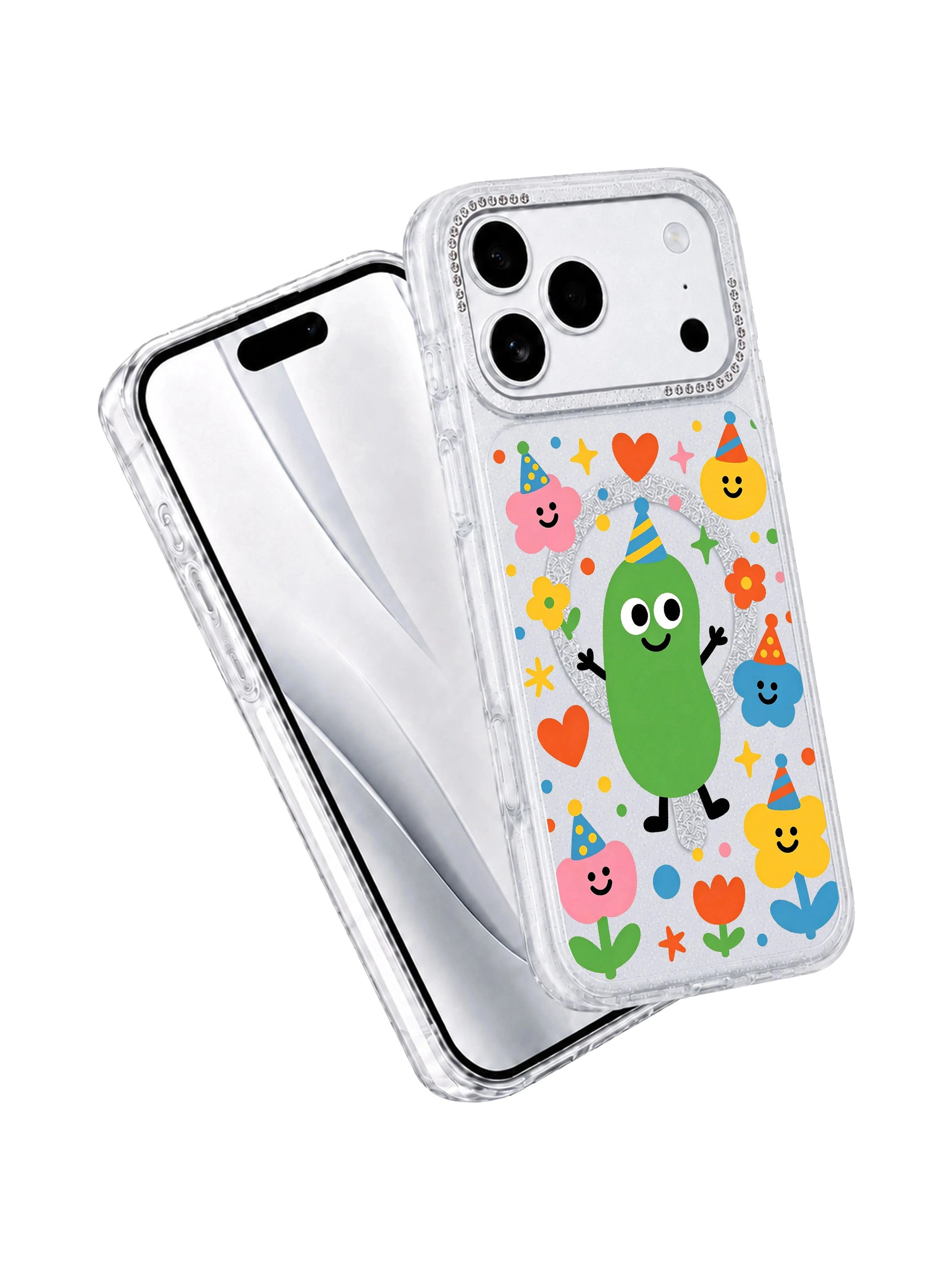 PhoneCasing full hue spectrum showcase of Bright Spring Pickle iPhone 17 Pro Max case, saturated vivid floral and pickle artwork printed with long-lasting scratch-proof ink for the iPhone 17 Pro Max casing