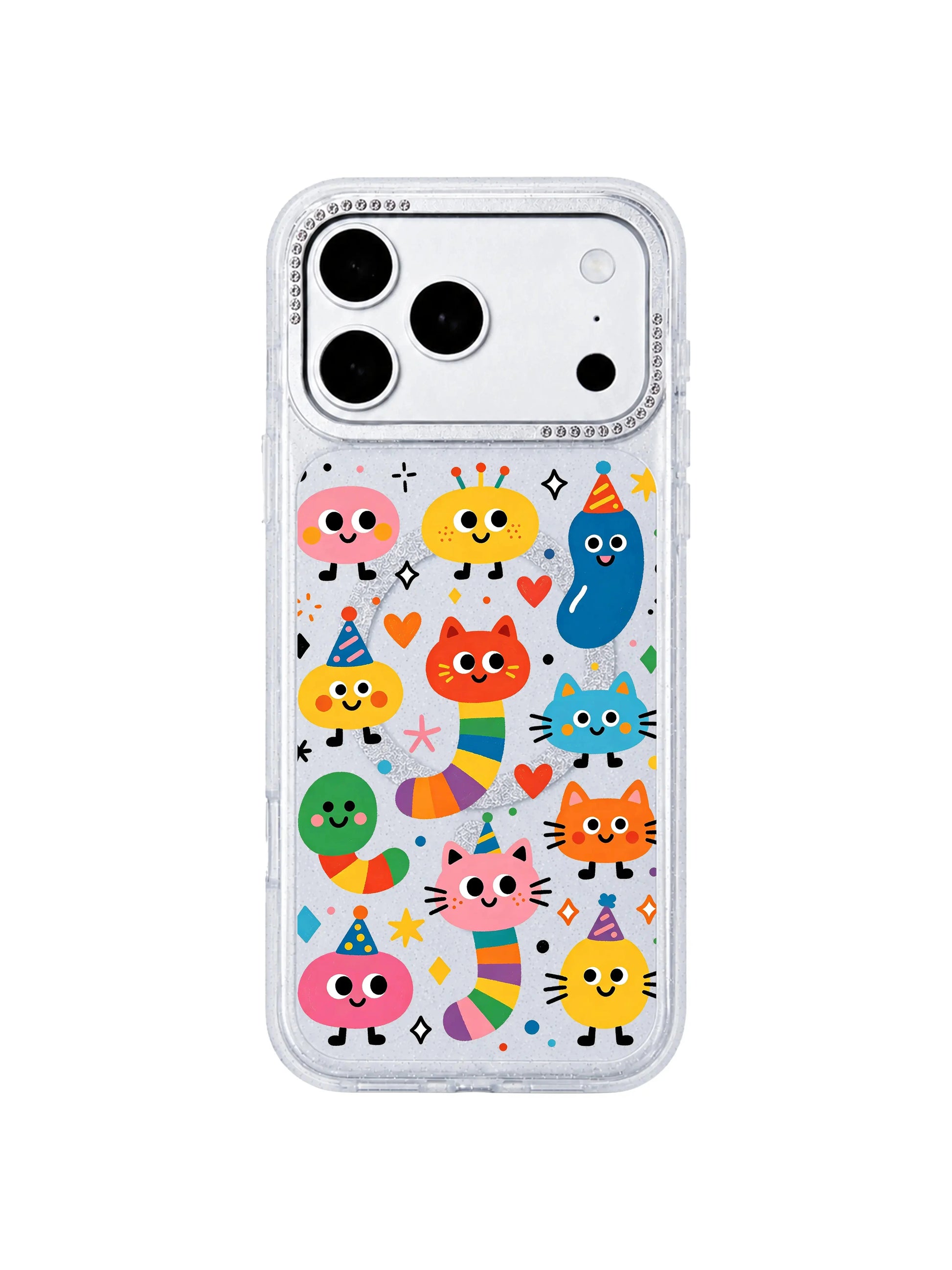 PhoneCasing zoomed closeup banner of bling crystal rhinestone camera trim on Candy Bean Monster Secret Meeting iPhone 17 Pro Max case, raised scratch-proof lens guard selling point graphic for luxury style iPhone 17 Pro Max casing