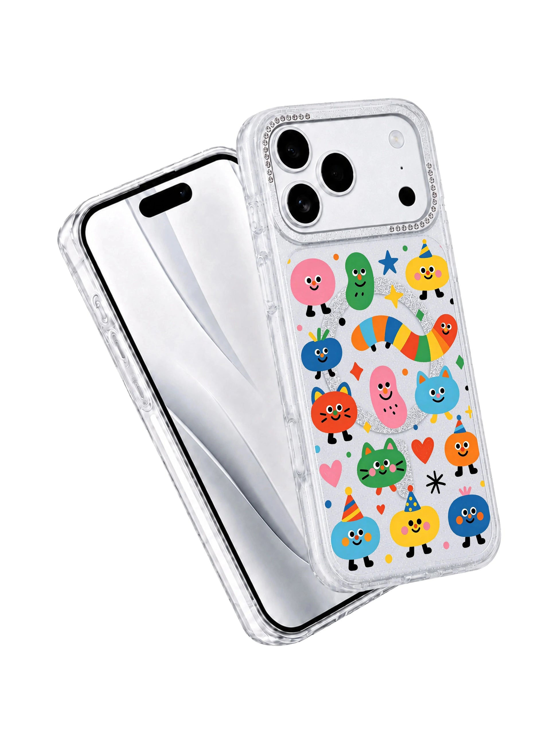 PhoneCasing dual-angle overview graphic of Candy Bean Monster Secret Meeting iPhone 17 Pro Max case, front artwork panel plus side rhinestone lens frame combined visual for product carousel slide iPhone 17 Pro Max casing listing