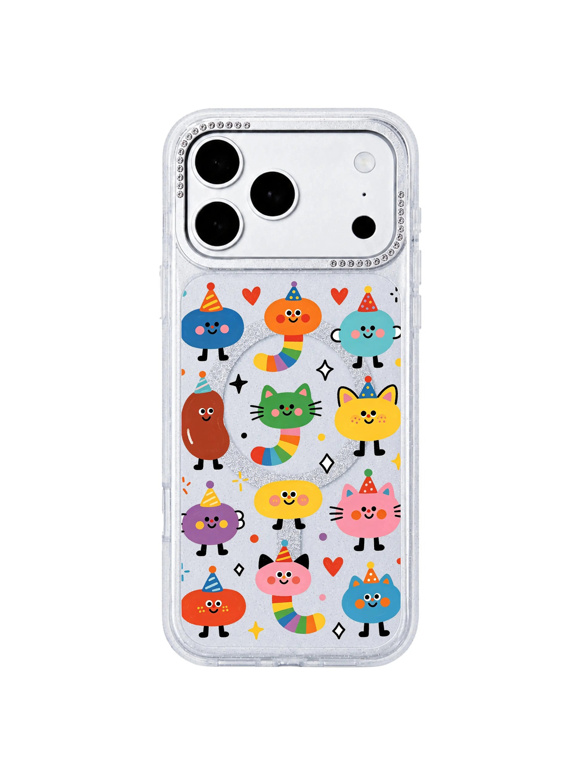 PhoneCasing split dual device mockup showcasing Candy Bean Monster Secret Meeting iPhone 17 Pro Max case, clear glitter silicone protective casing paired with blank iPhone 17 Pro Max front screen to display full whimsical candy creature print coverage, premium limited artist collab iPhone 17 Pro Max casing