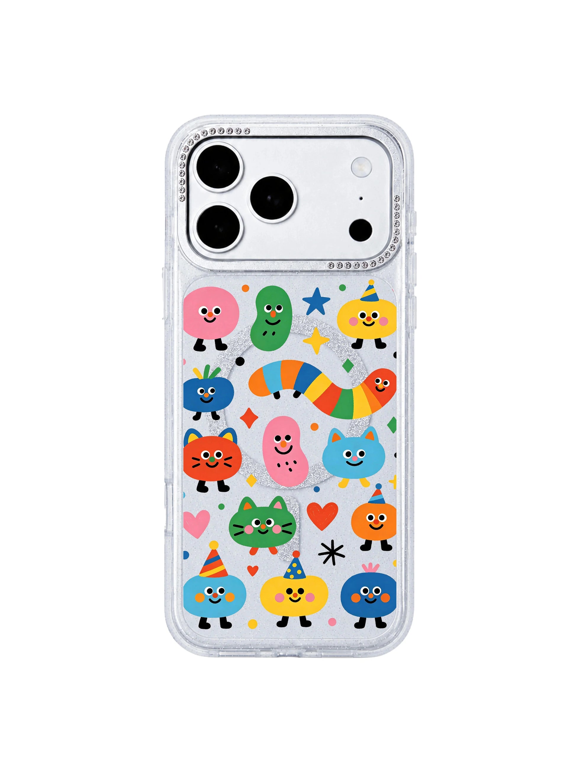PhoneCasing full color display shot of Candy Bean Monster Secret Meeting iPhone 17 Pro Max case, bright saturated multicolor candy blob and cat doodles printed with long-wearing scratch-proof UV ink, full hue showcase iPhone 17 Pro Max casing
