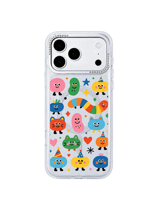 PhoneCasing full color display shot of Candy Bean Monster Secret Meeting iPhone 17 Pro Max case, bright saturated multicolor candy blob and cat doodles printed with long-wearing scratch-proof UV ink, full hue showcase iPhone 17 Pro Max casing
