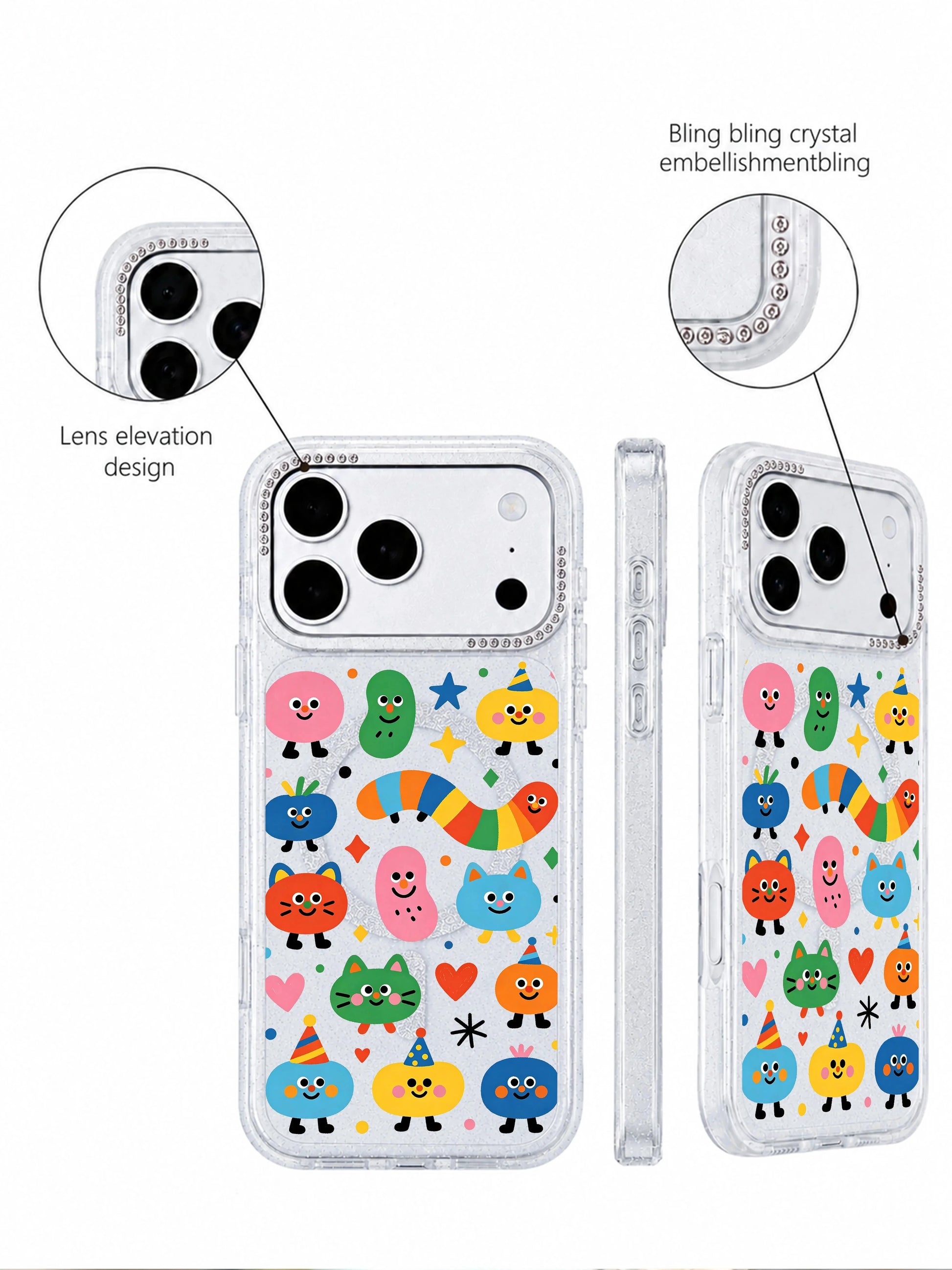  PhoneCasing group preview display shot of full Candy Bean Monster Secret Meeting pattern lineup on iPhone 17 Pro Max case, complete set of unique candy blob and cat creature designs, collection overview graphic for iPhone 17 Pro Max casing category page
