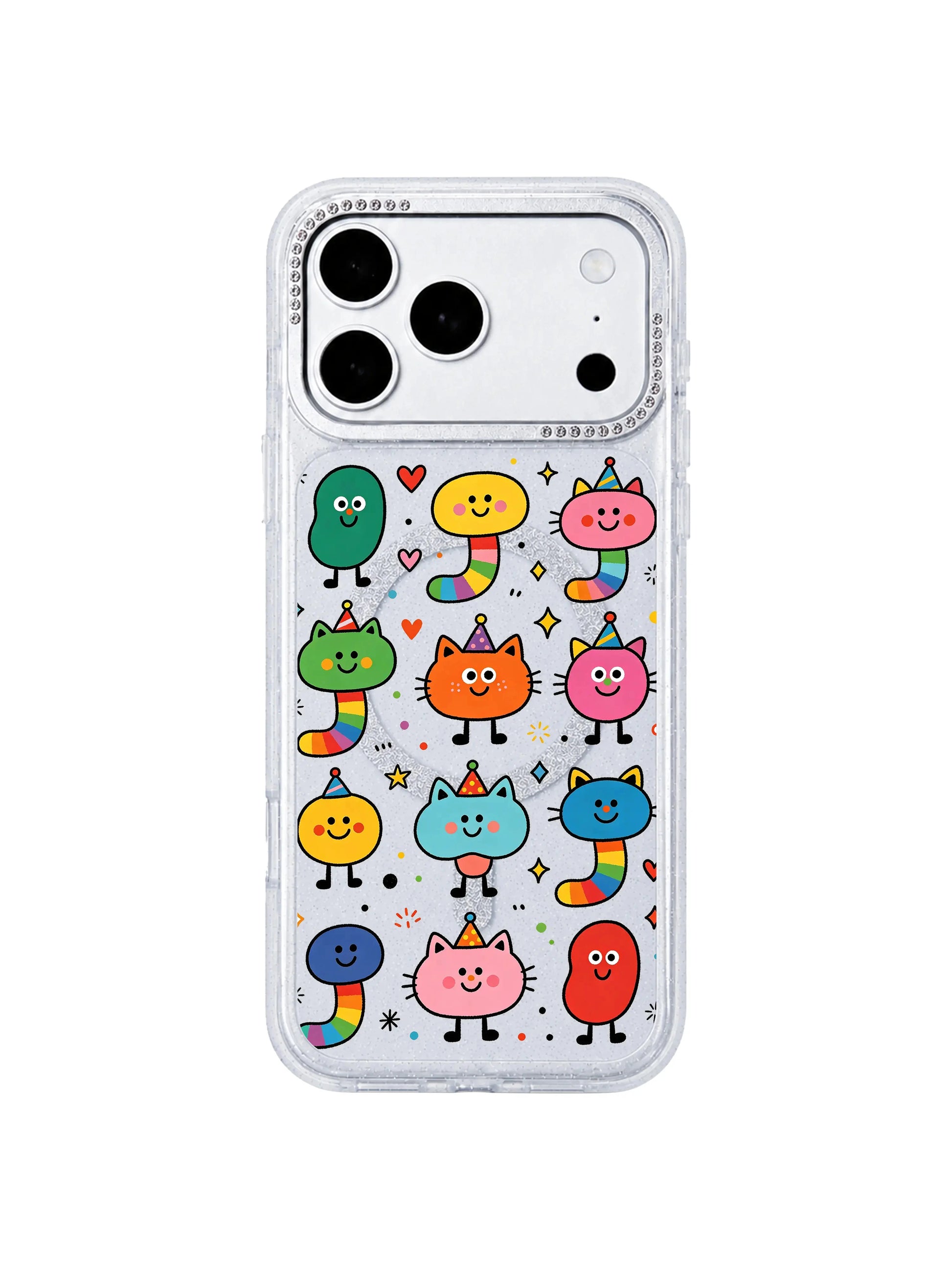 PhoneCasing indoor handheld lifestyle photo featuring Candy Bean Monster Secret Meeting iPhone 17 Pro Max case, playful kidcore candy blob & cat print on shimmer clear glitter casing, casual everyday carry asset driving organic traffic for iPhone 17 Pro Max case