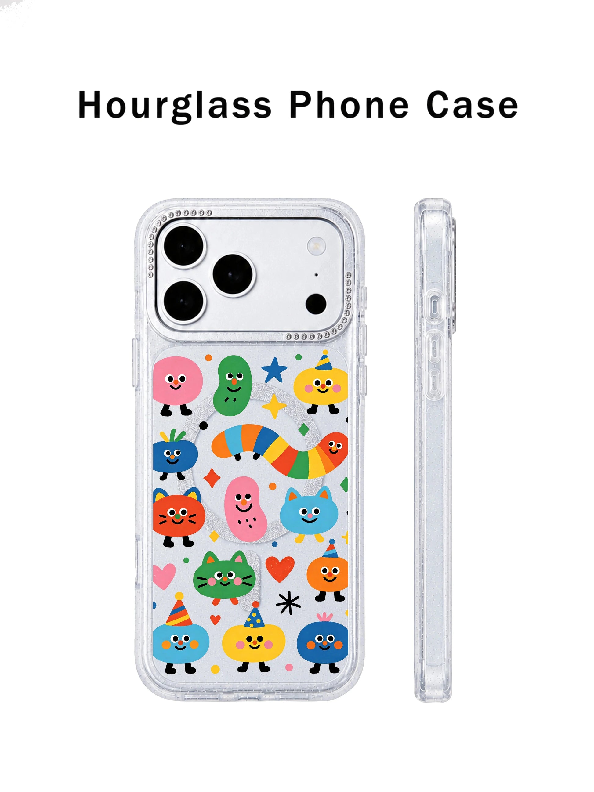 PhoneCasing decorative element closeup of hand-drawn hearts, stars and geometric confetti scattered around candy blob and cat creatures on Candy Bean Monster Secret Meeting iPhone 17 Pro Max case, core warm joyful theme storytelling graphic for narrative-focused iPhone 17 Pro Max casing copy